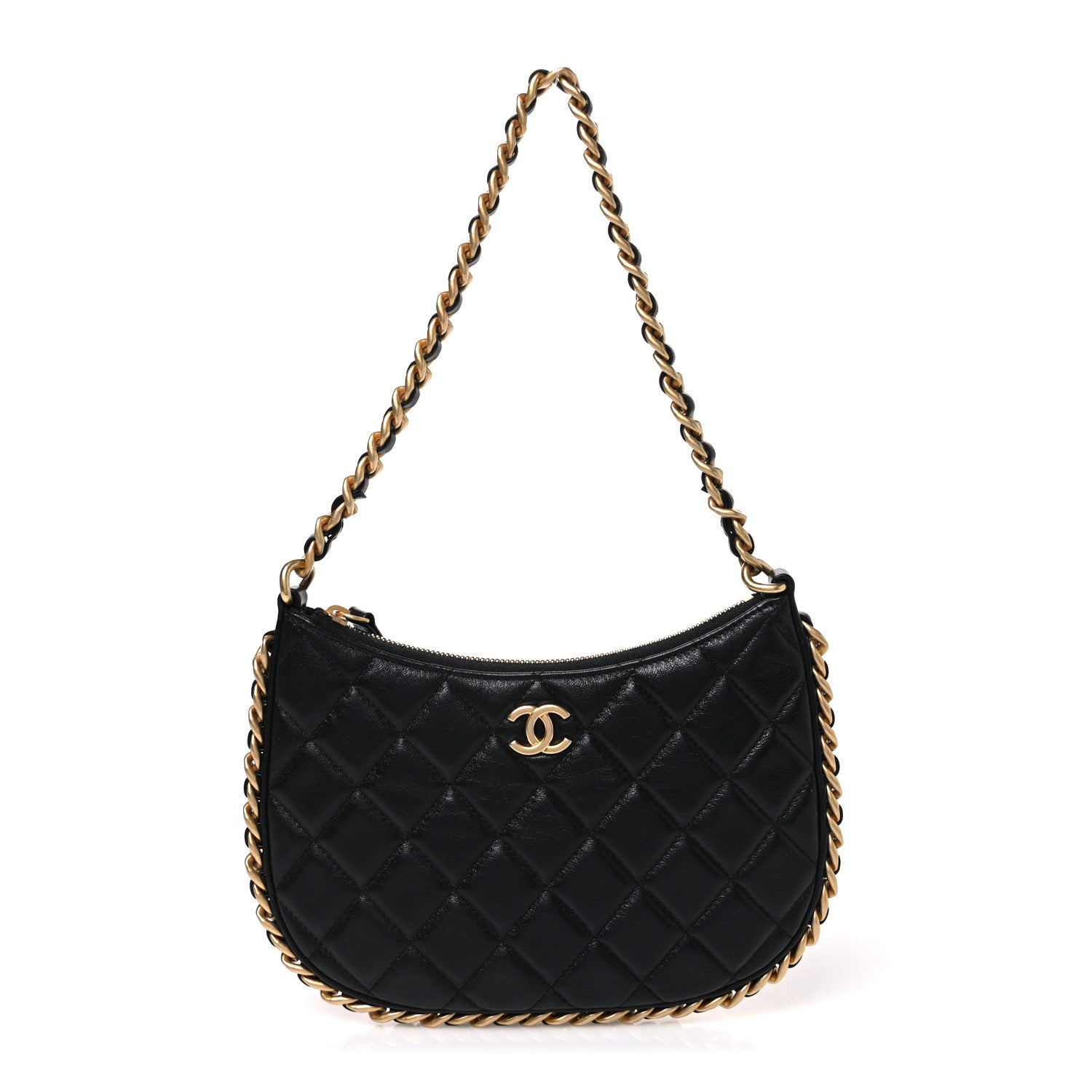 Shiny Crumpled Lambskin Quilted Trendy Chain Around Hobo Black