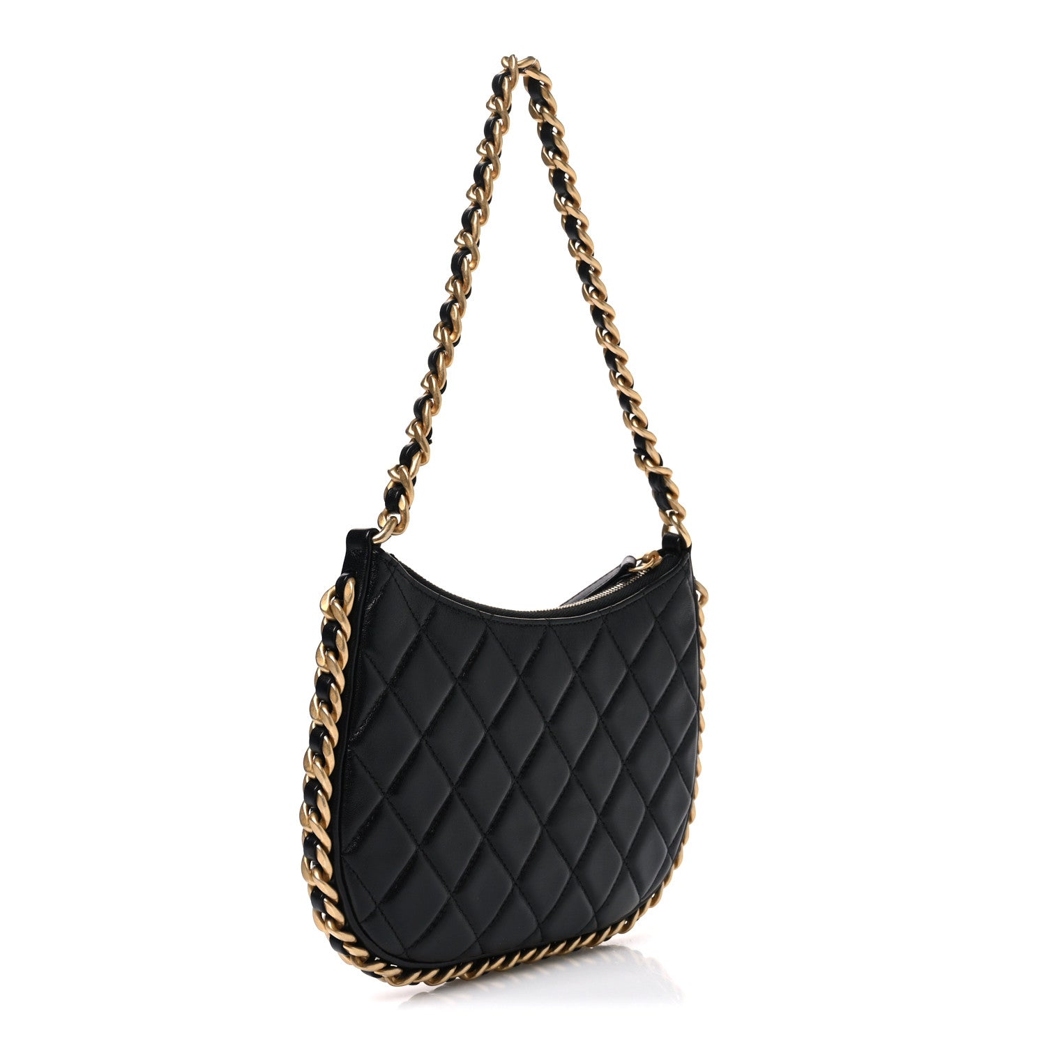 Shiny Crumpled Lambskin Quilted Trendy Chain Around Hobo Black — view 3