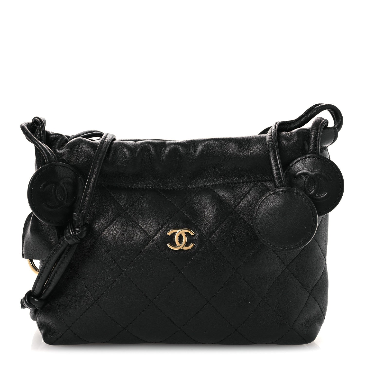 Lambskin Quilted Drawstring Clutch With Strap Black