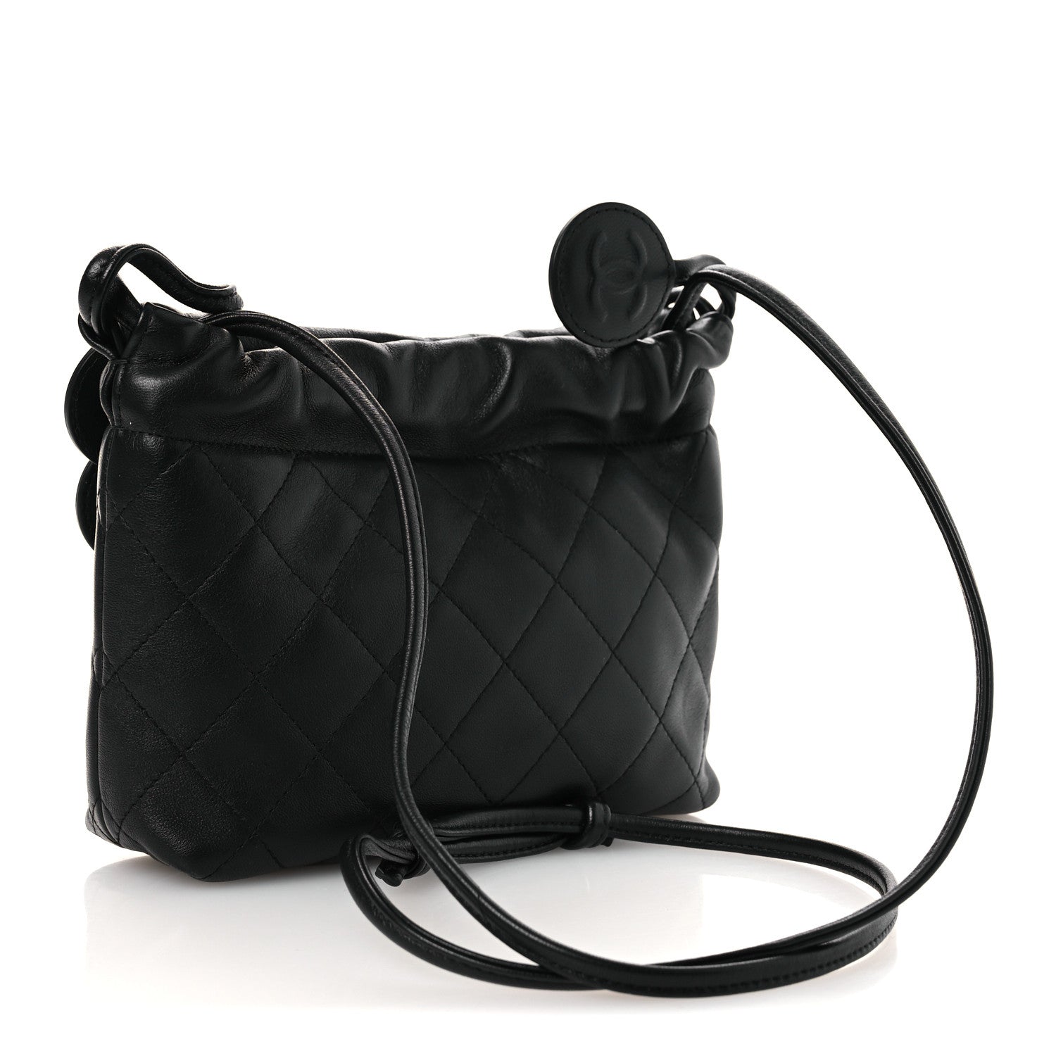 Lambskin Quilted Drawstring Clutch With Strap Black — view 3