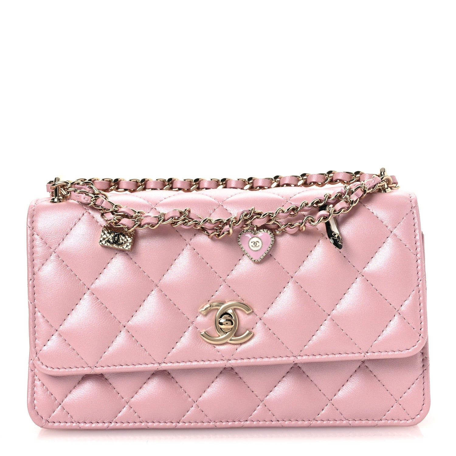 Pearly Lambskin Quilted Charms Wallet On Chain WOC Light Pink