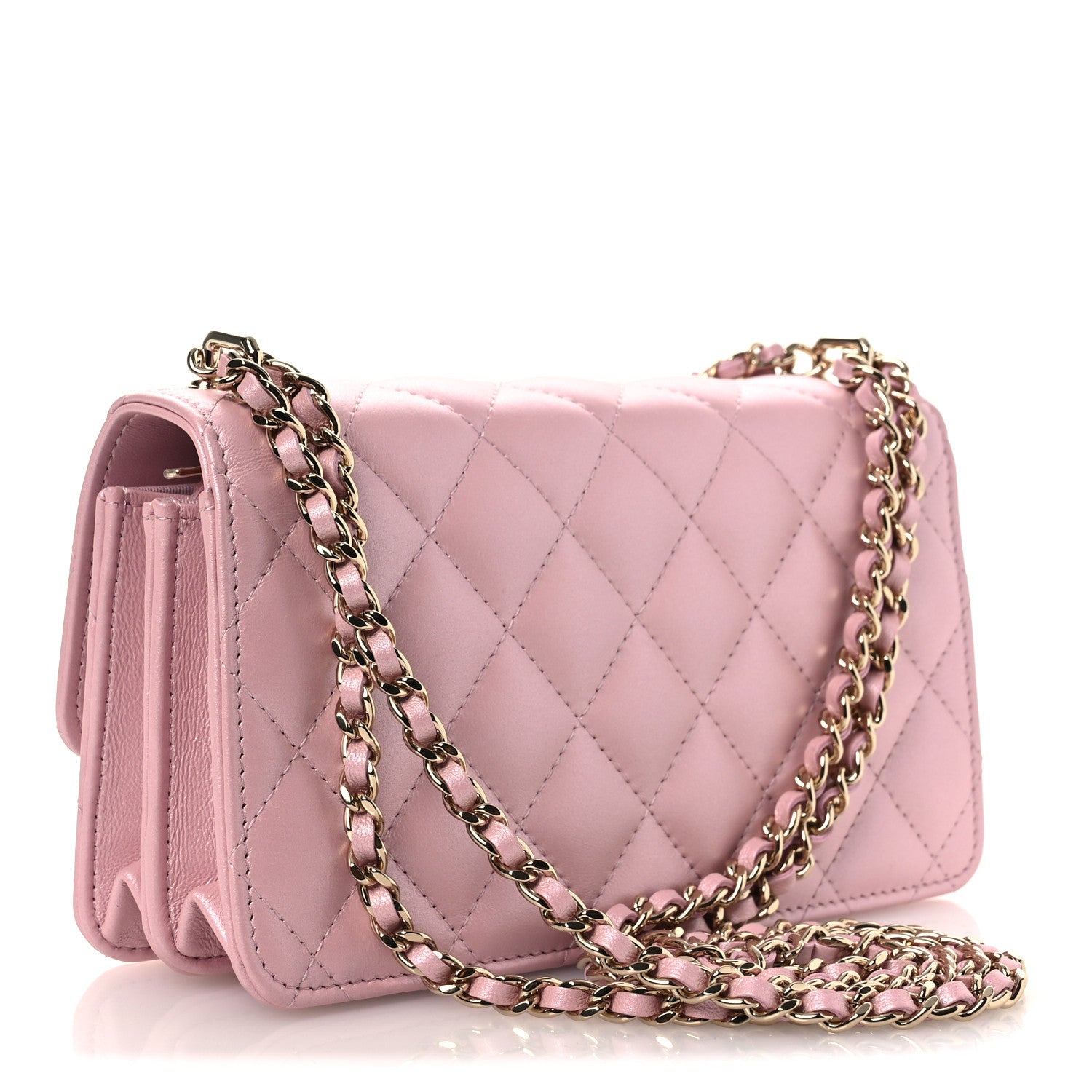 Pearly Lambskin Quilted Charms Wallet On Chain WOC Light Pink — view 3