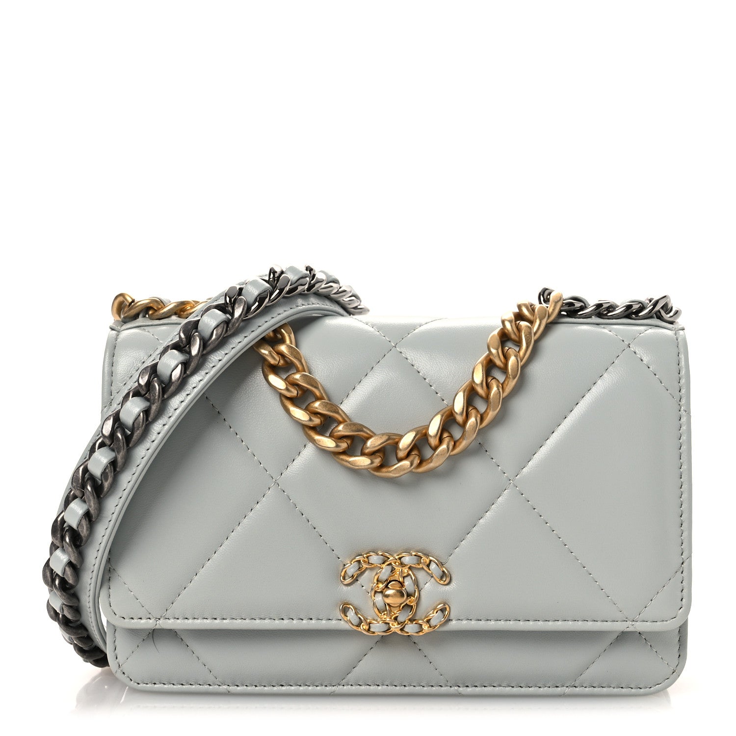 Lambskin Quilted Chanel 19 Wallet On Chain WOC Light Blue