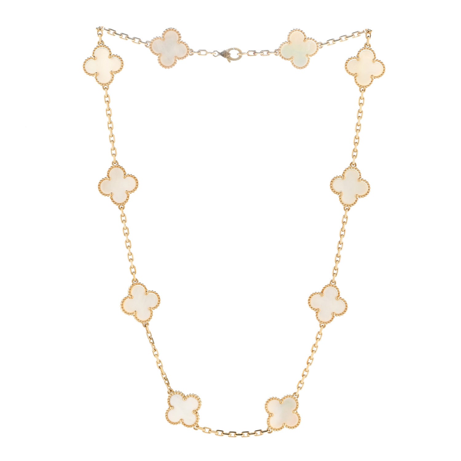 18K Yellow Gold Mother of Pearl 10 Motifs Vintage Alhambra Necklace — view 3