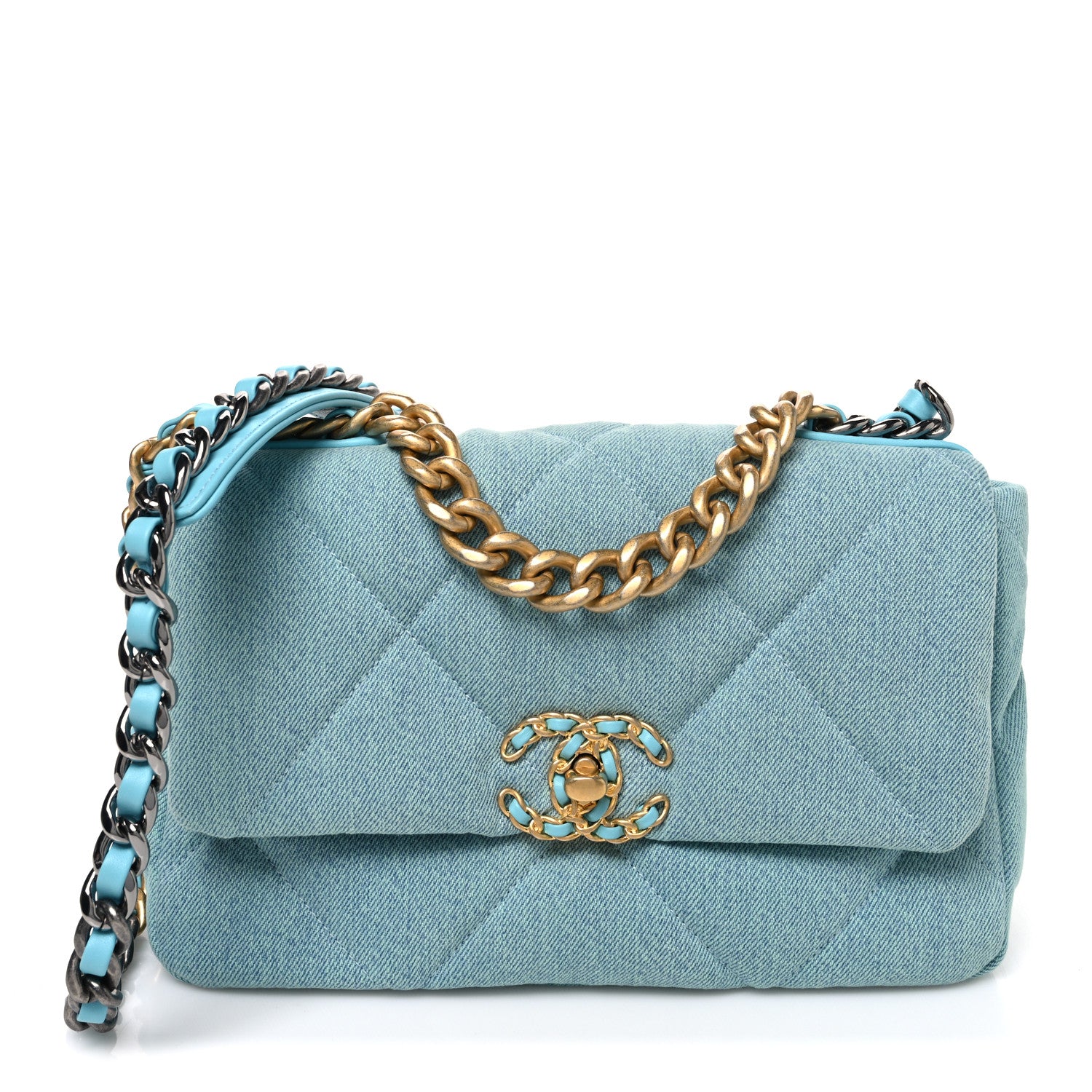 Denim Quilted Medium Chanel 19 Flap Neon Blue