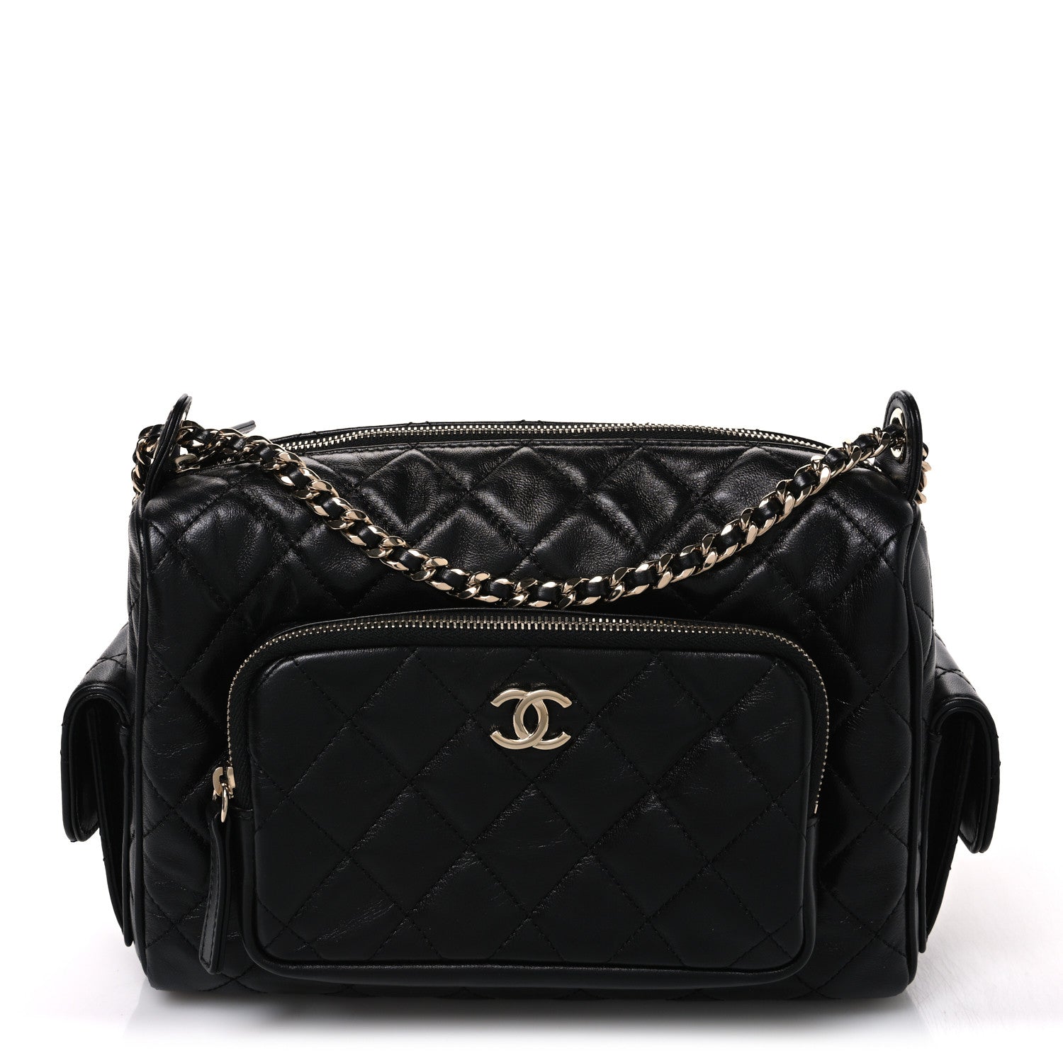 Shiny Crumpled Lambskin Quilted Medium Preppy Pocket Camera Case Black