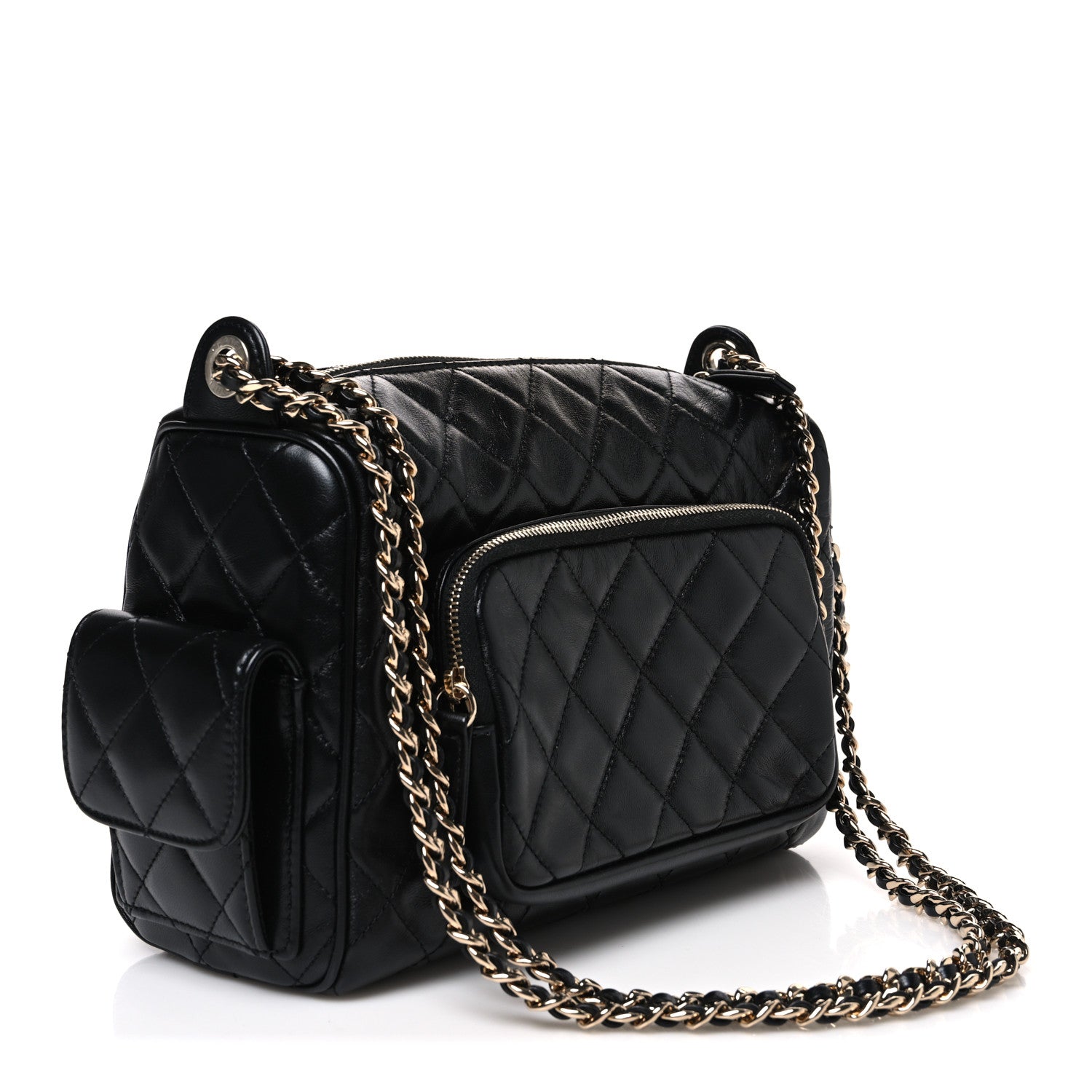 Shiny Crumpled Lambskin Quilted Medium Preppy Pocket Camera Case Black — view 3