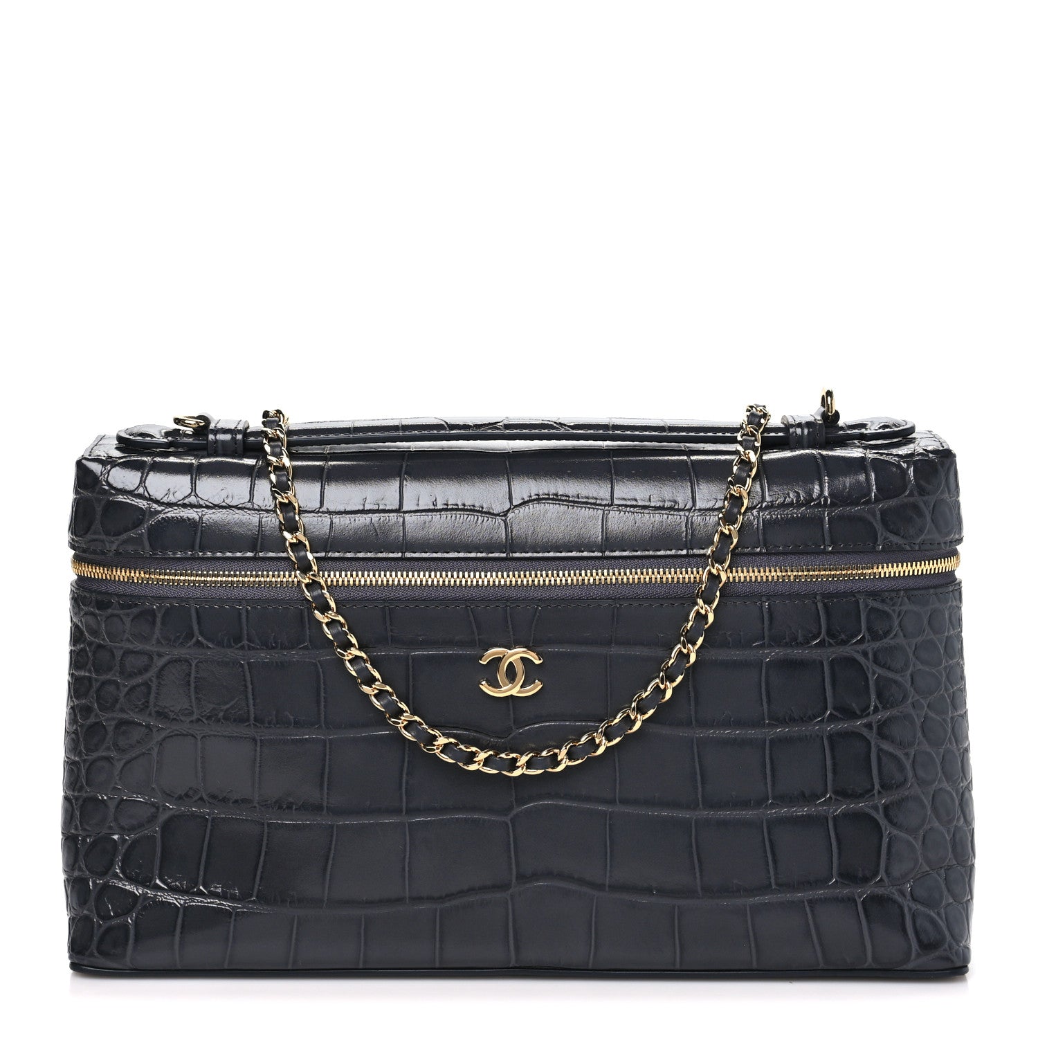Calfskin Crocodile Embossed Large Supple Trapeze Vanity With Chain Grey