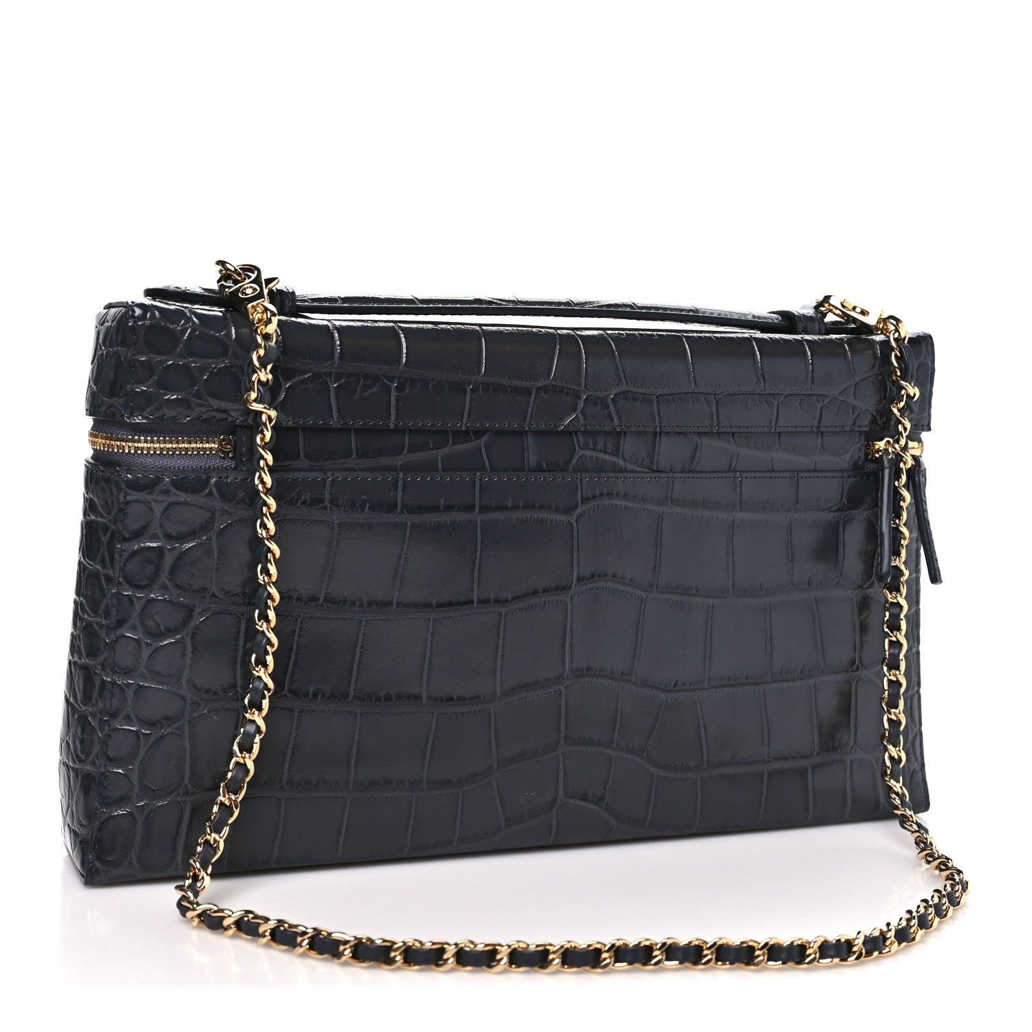 Calfskin Crocodile Embossed Large Supple Trapeze Vanity With Chain Grey — view 2
