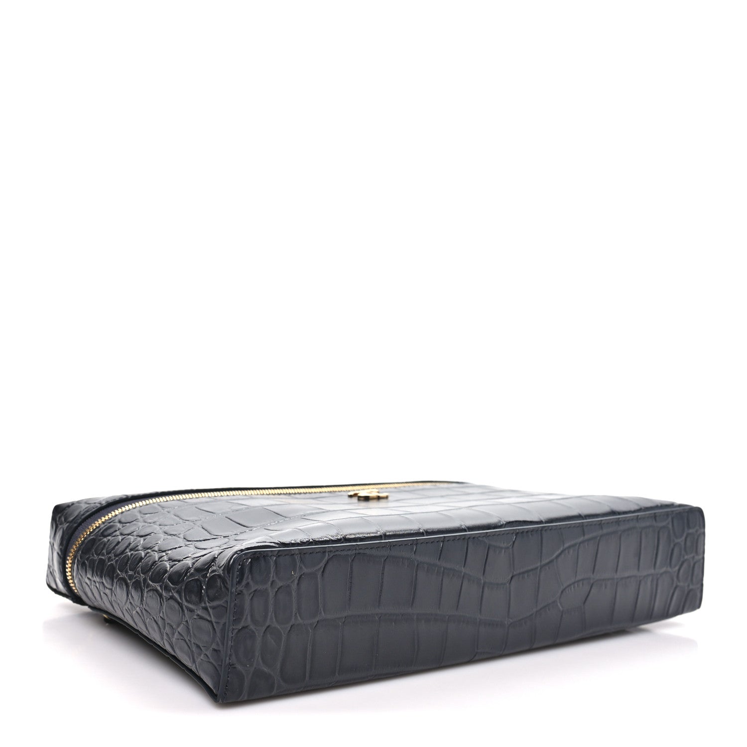 Calfskin Crocodile Embossed Large Supple Trapeze Vanity With Chain Grey — view 3