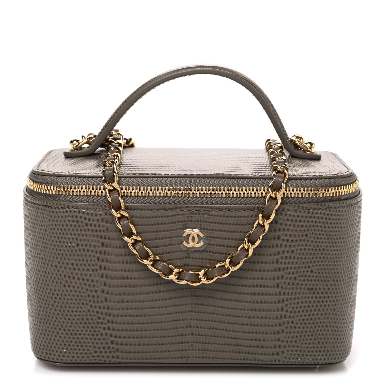 Calfskin Lizard Embossed Top Handle Vanity With Chain Dark Khaki — view 1