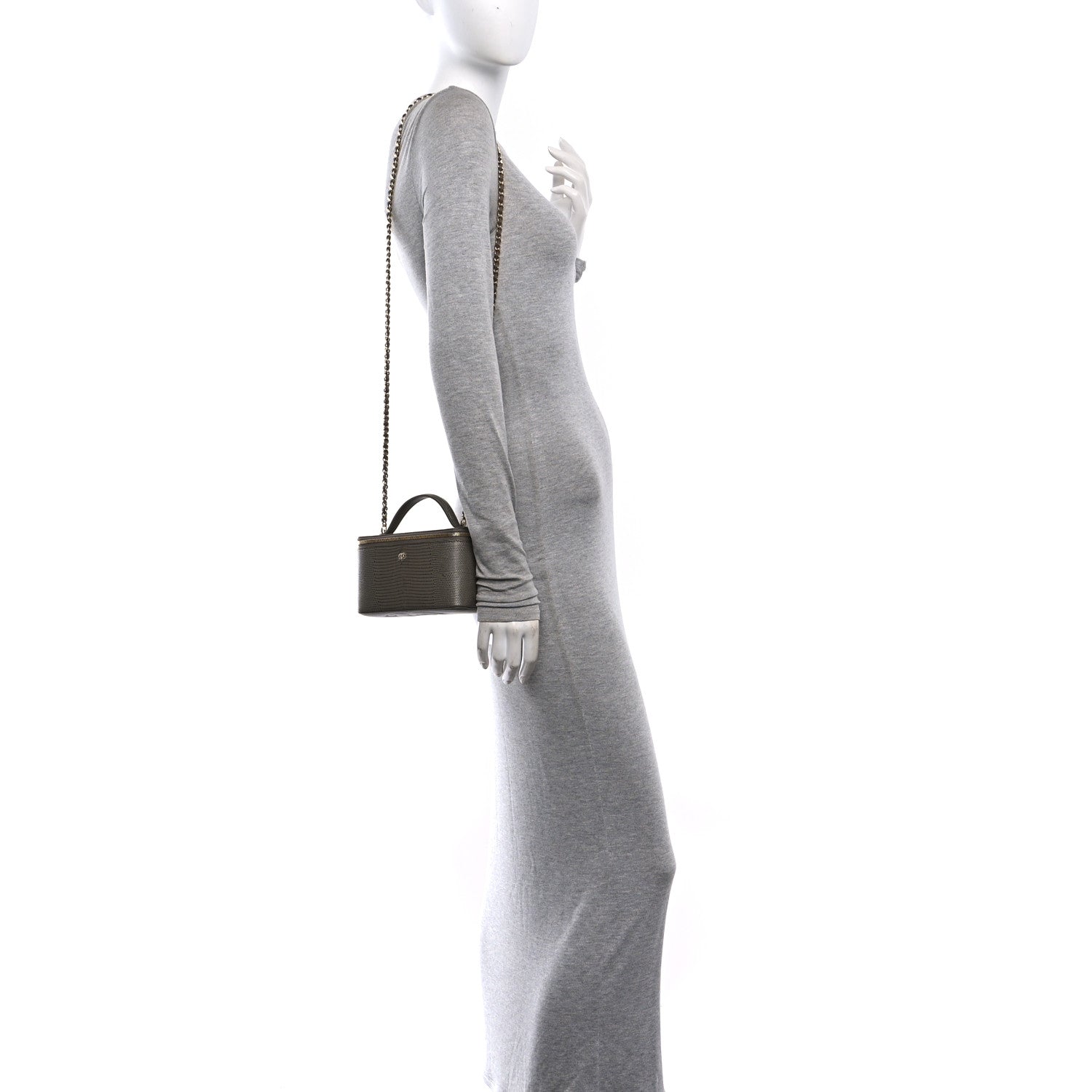 Calfskin Lizard Embossed Top Handle Vanity With Chain Dark Khaki — view 2