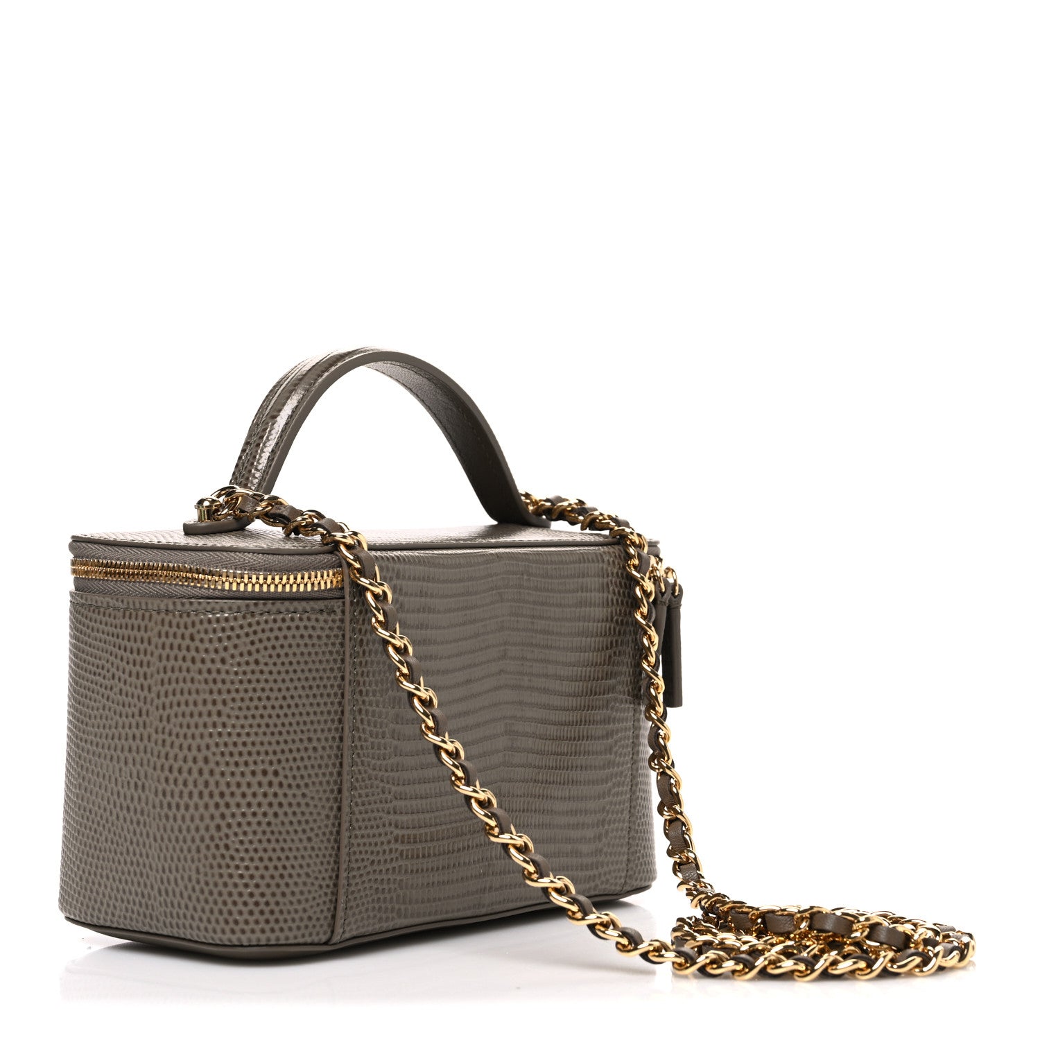 Calfskin Lizard Embossed Top Handle Vanity With Chain Dark Khaki — view 3