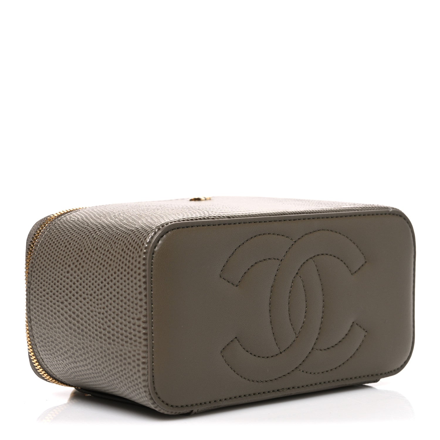 Calfskin Lizard Embossed Top Handle Vanity With Chain Dark Khaki — view 4