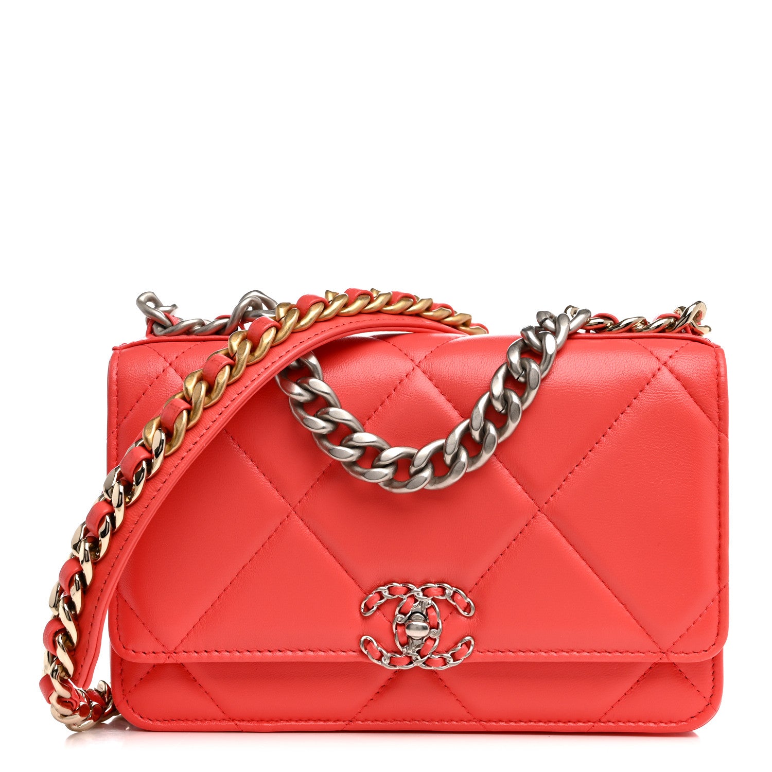 Lambskin Quilted Chanel 19 Wallet On Chain WOC Coral