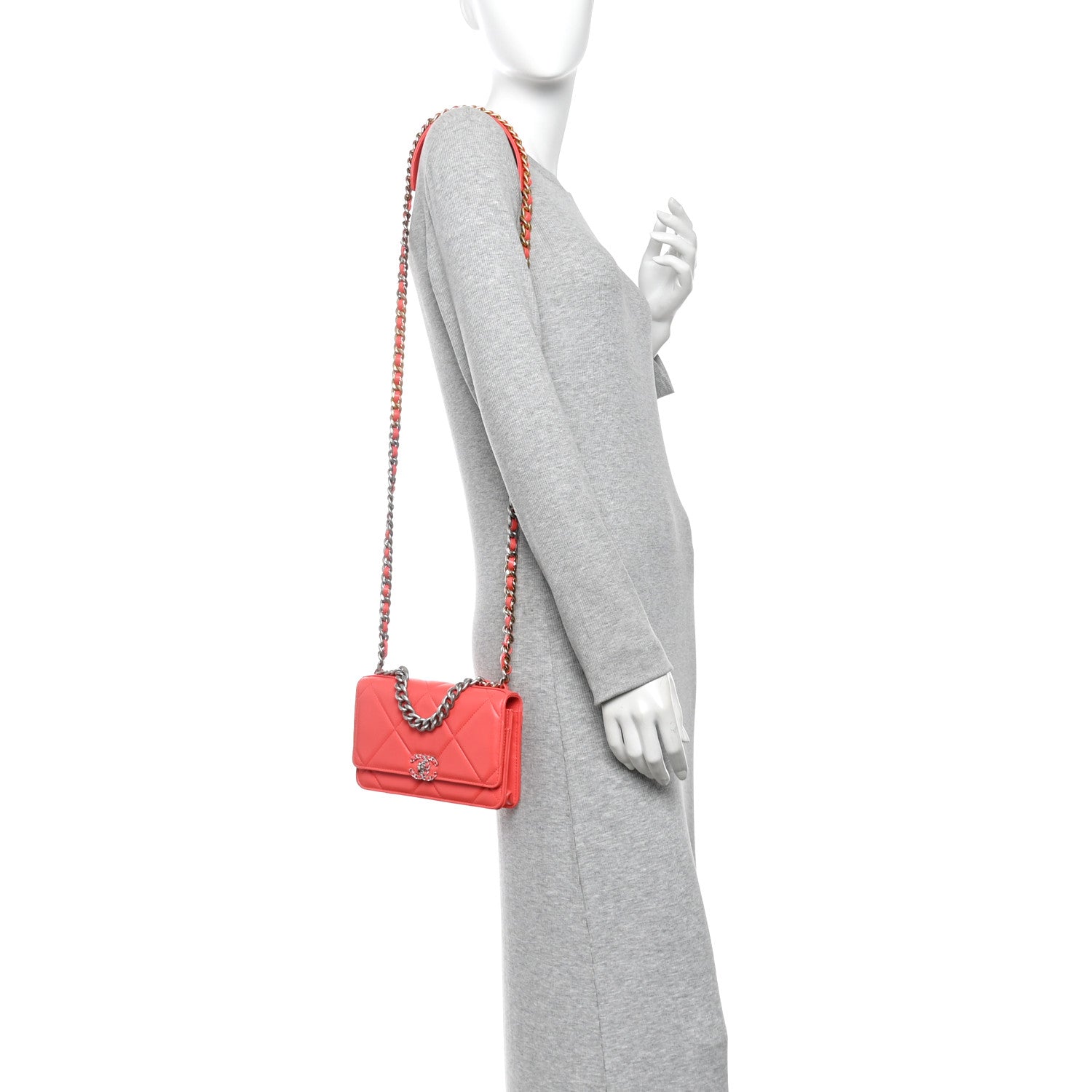 Lambskin Quilted Chanel 19 Wallet On Chain WOC Coral — view 2