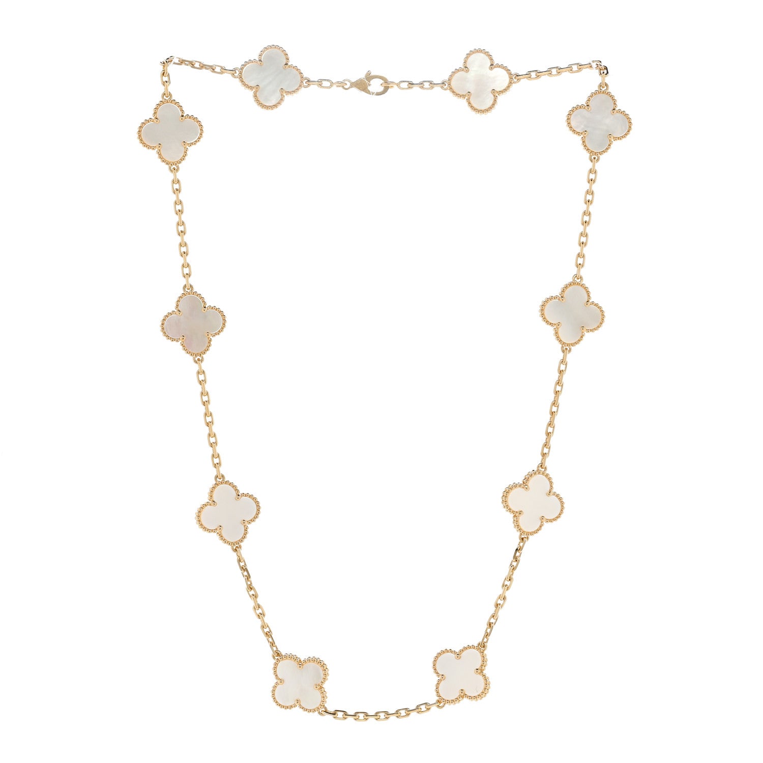 18K Yellow Gold Mother of Pearl 10 Motifs Vintage Alhambra Necklace — view 3