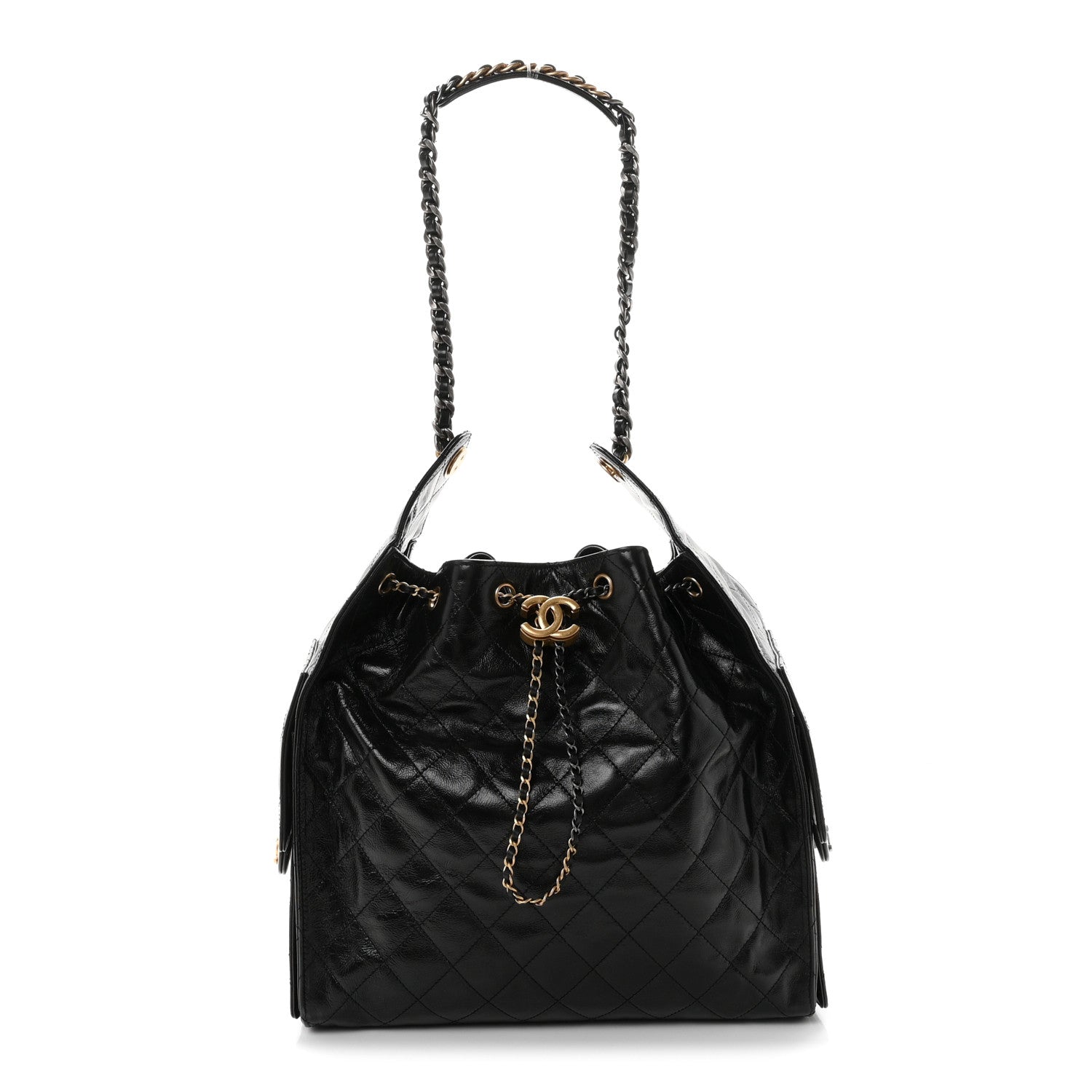 Shiny Crumpled Calfskin Quilted Medium Chanel 25 Handbag Black