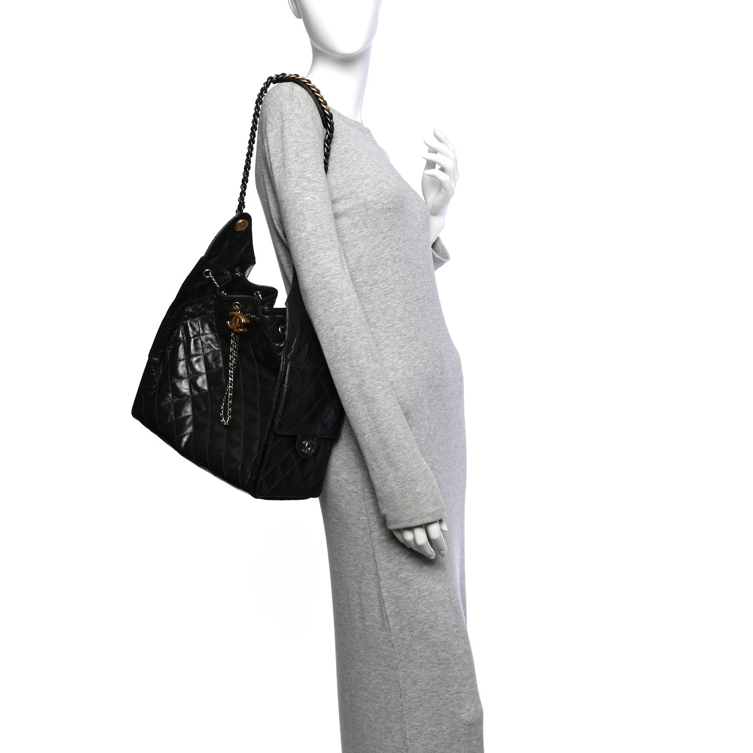 Shiny Crumpled Calfskin Quilted Medium Chanel 25 Handbag Black — view 2