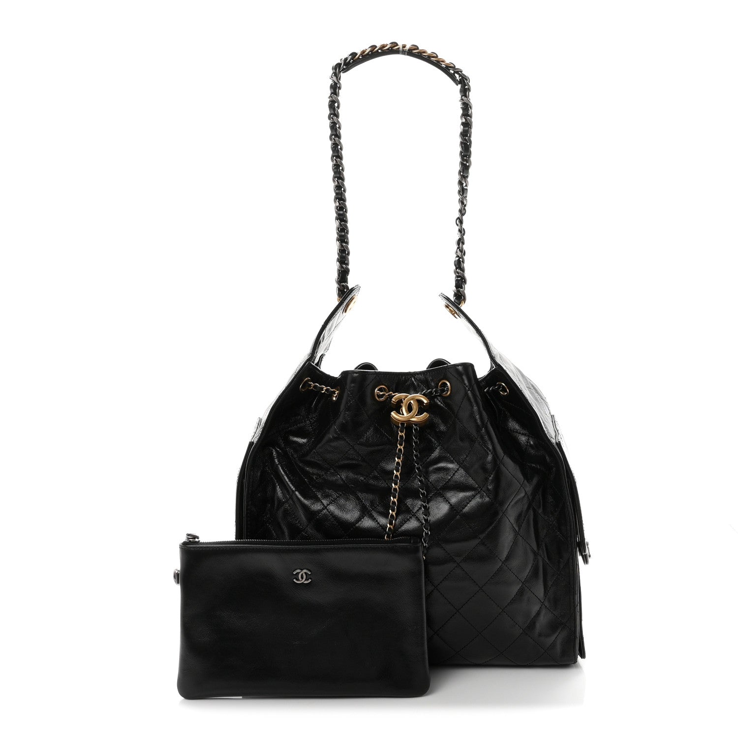 Shiny Crumpled Calfskin Quilted Medium Chanel 25 Handbag Black — view 3