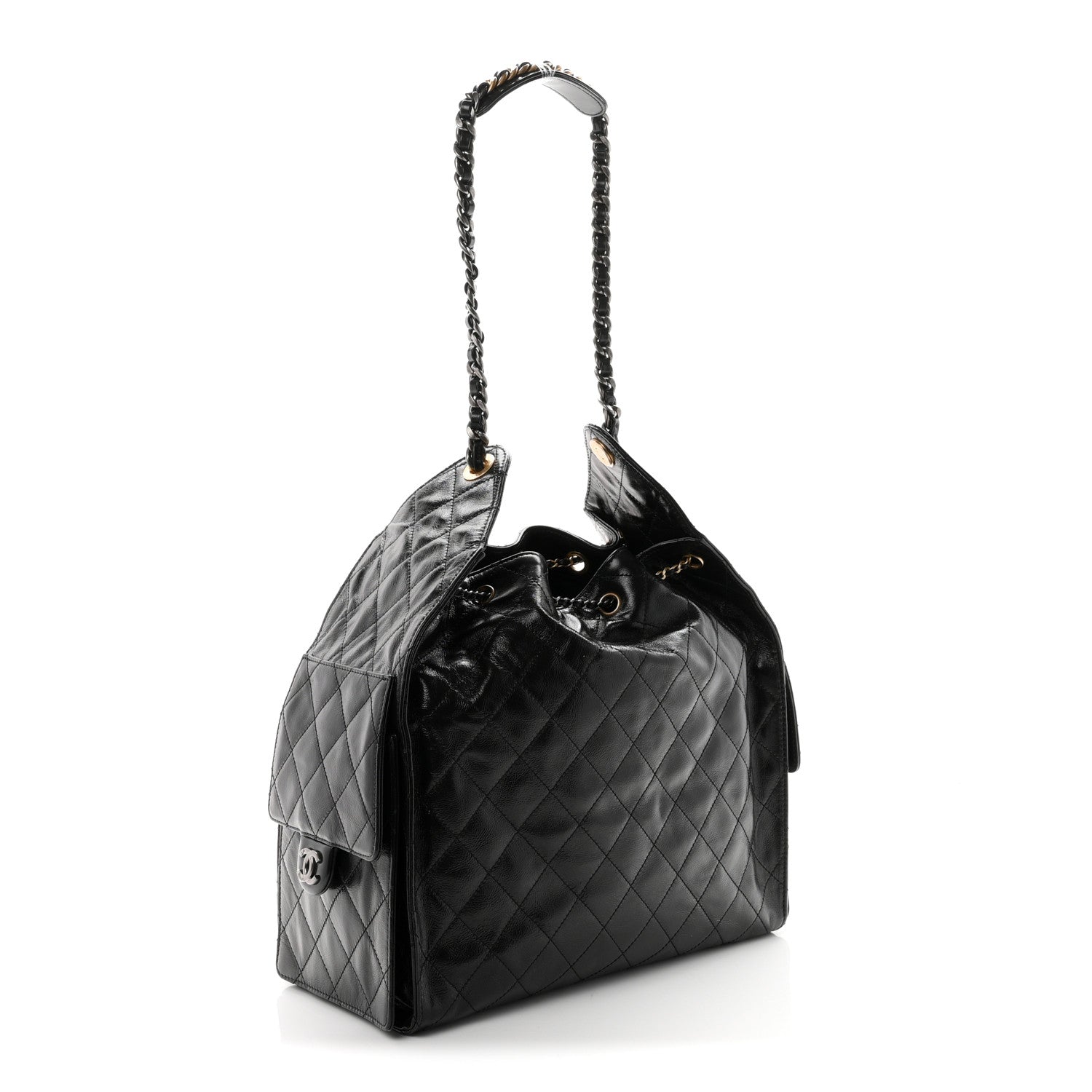 Shiny Crumpled Calfskin Quilted Medium Chanel 25 Handbag Black — view 4