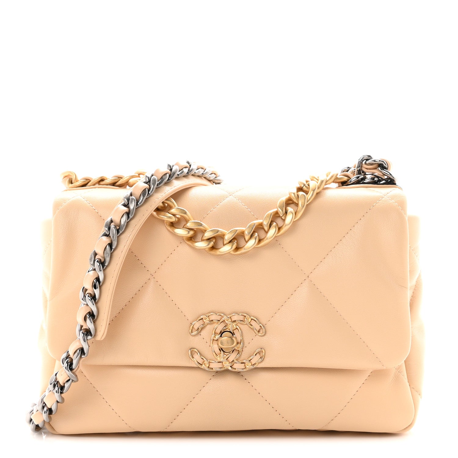 Shiny Goatskin Quilted Medium Chanel 19 Flap Beige