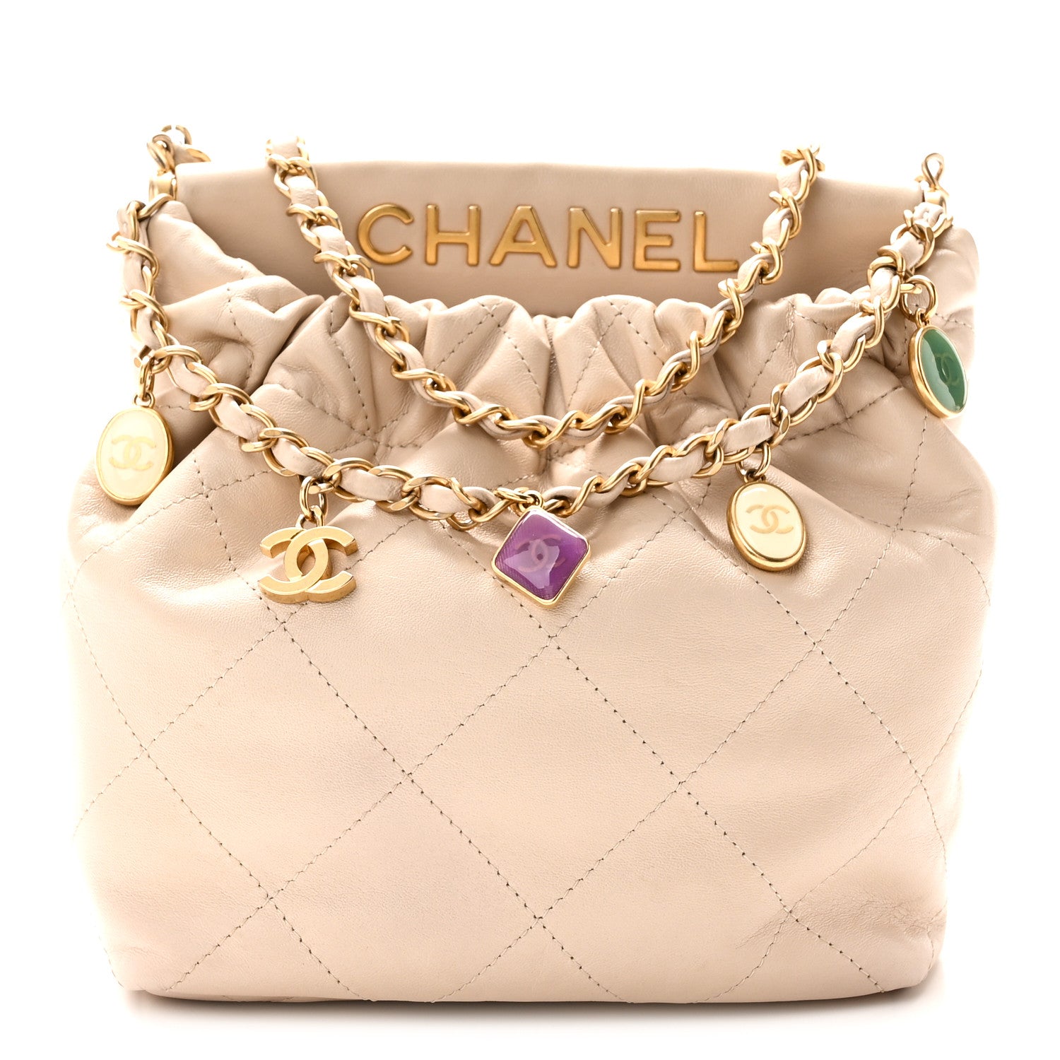 Lambskin Resin Quilted Small Bucket Bag Beige