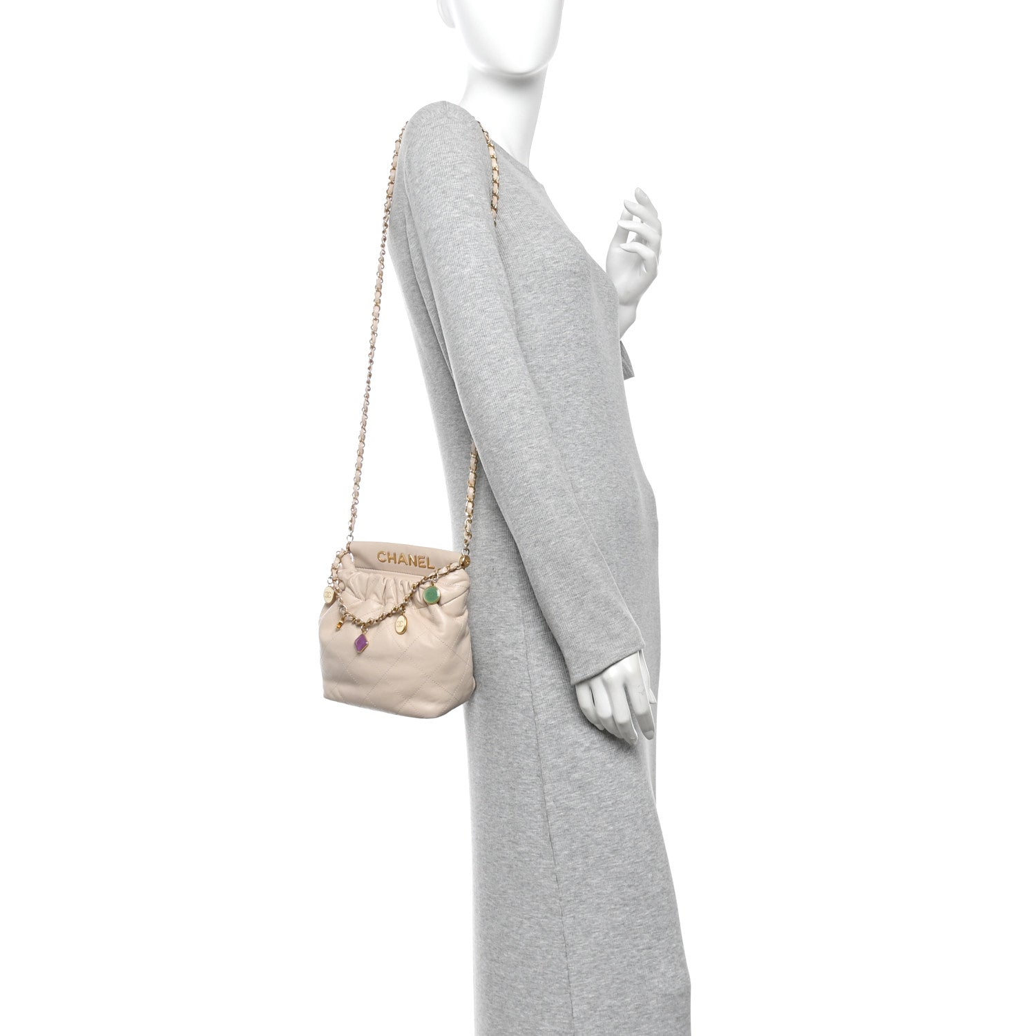 Lambskin Resin Quilted Small Bucket Bag Beige — view 2