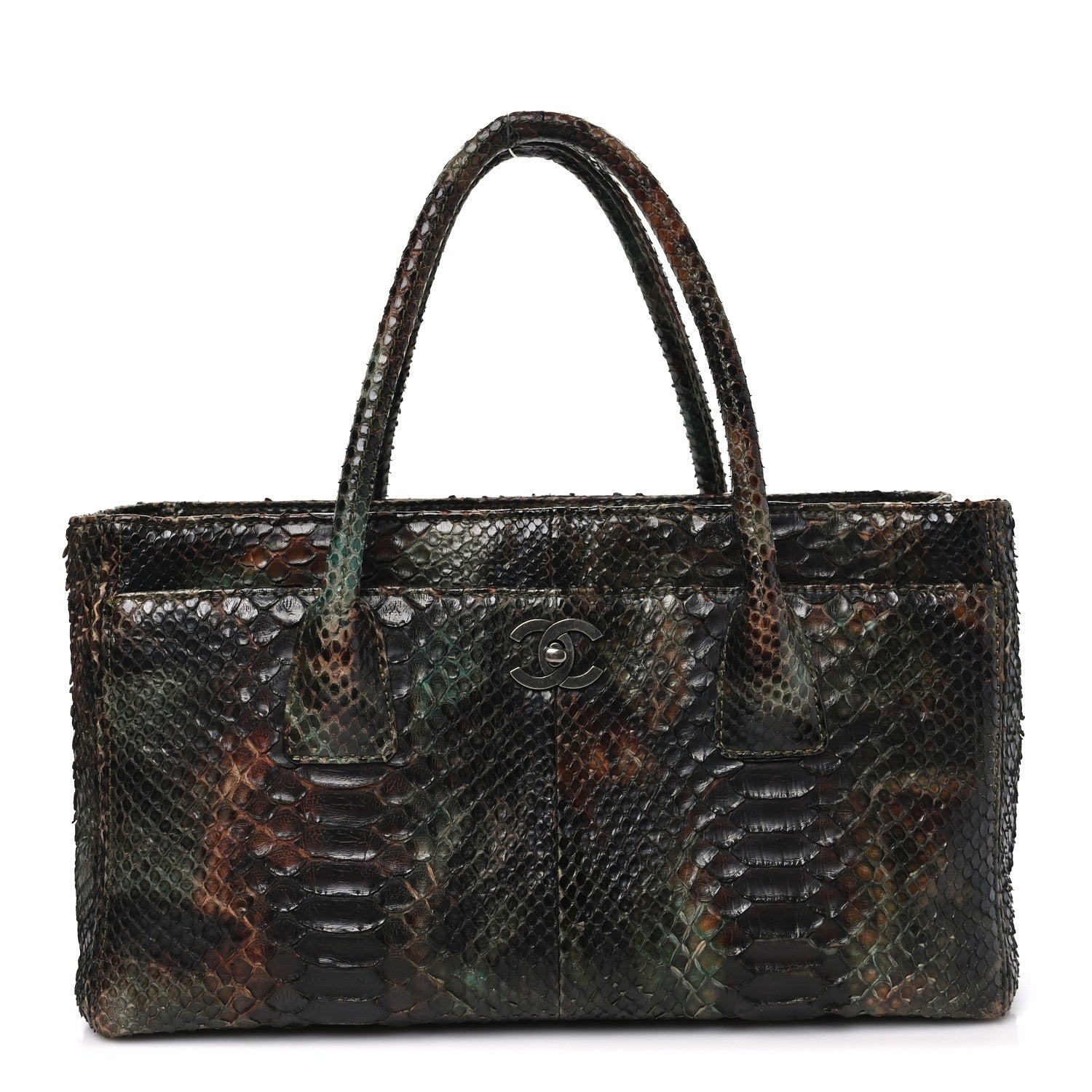 Snakeskin Executive Cerf Shopper Tote Green Brown