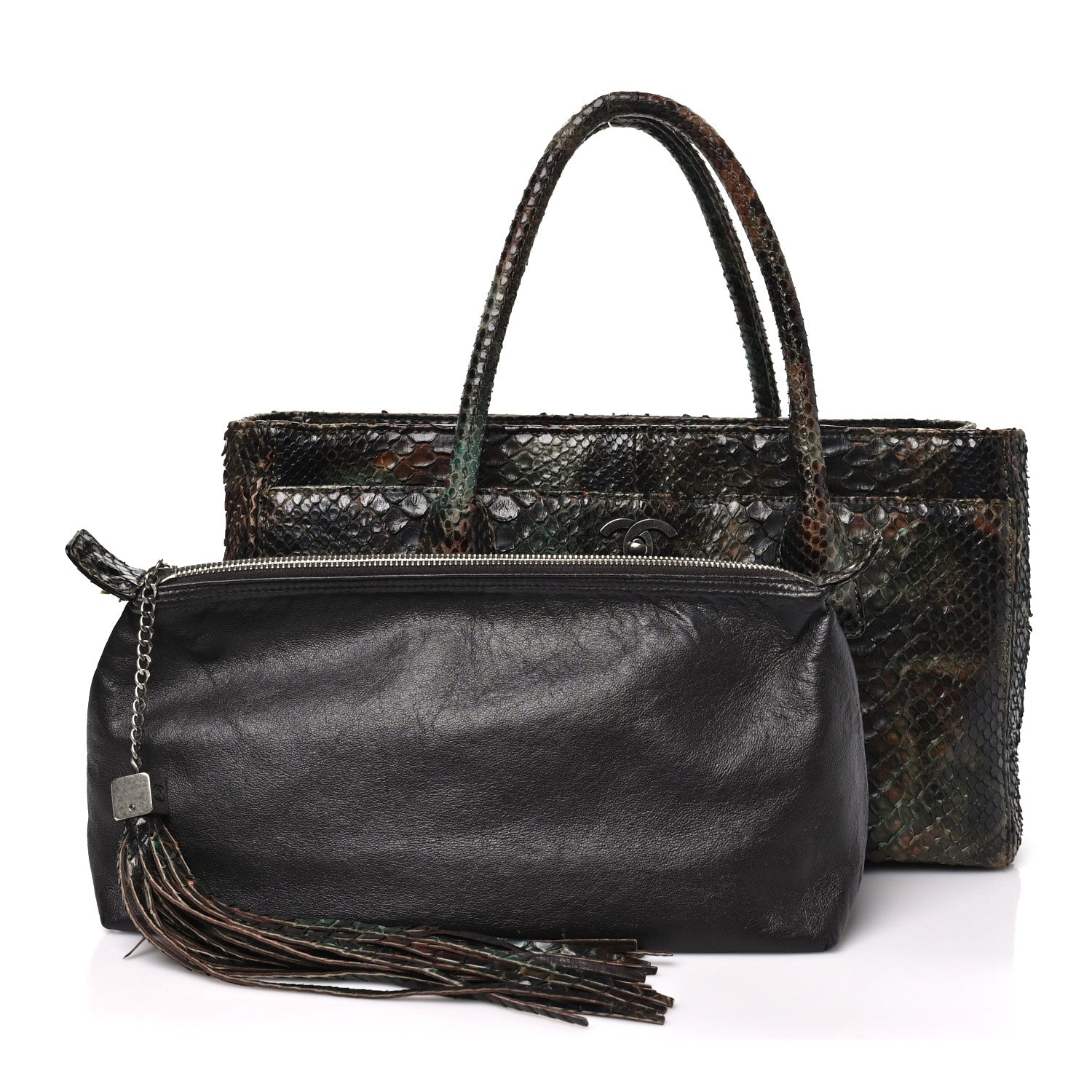 Snakeskin Executive Cerf Shopper Tote Green Brown — view 3