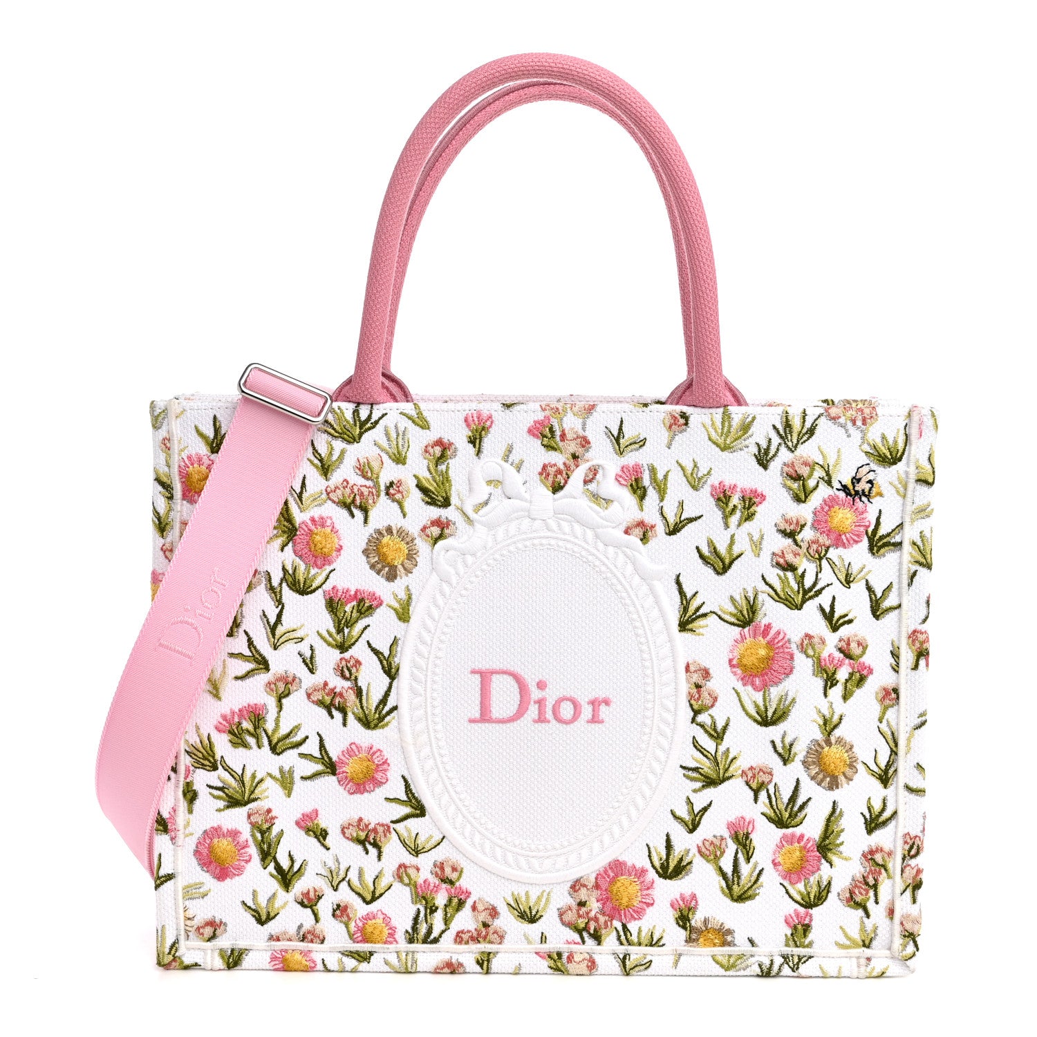 Cotton Toile De Jouy Daisy Garden Embroidered Dior Medaillon Small Book Tote With Strap Pink Multicolor