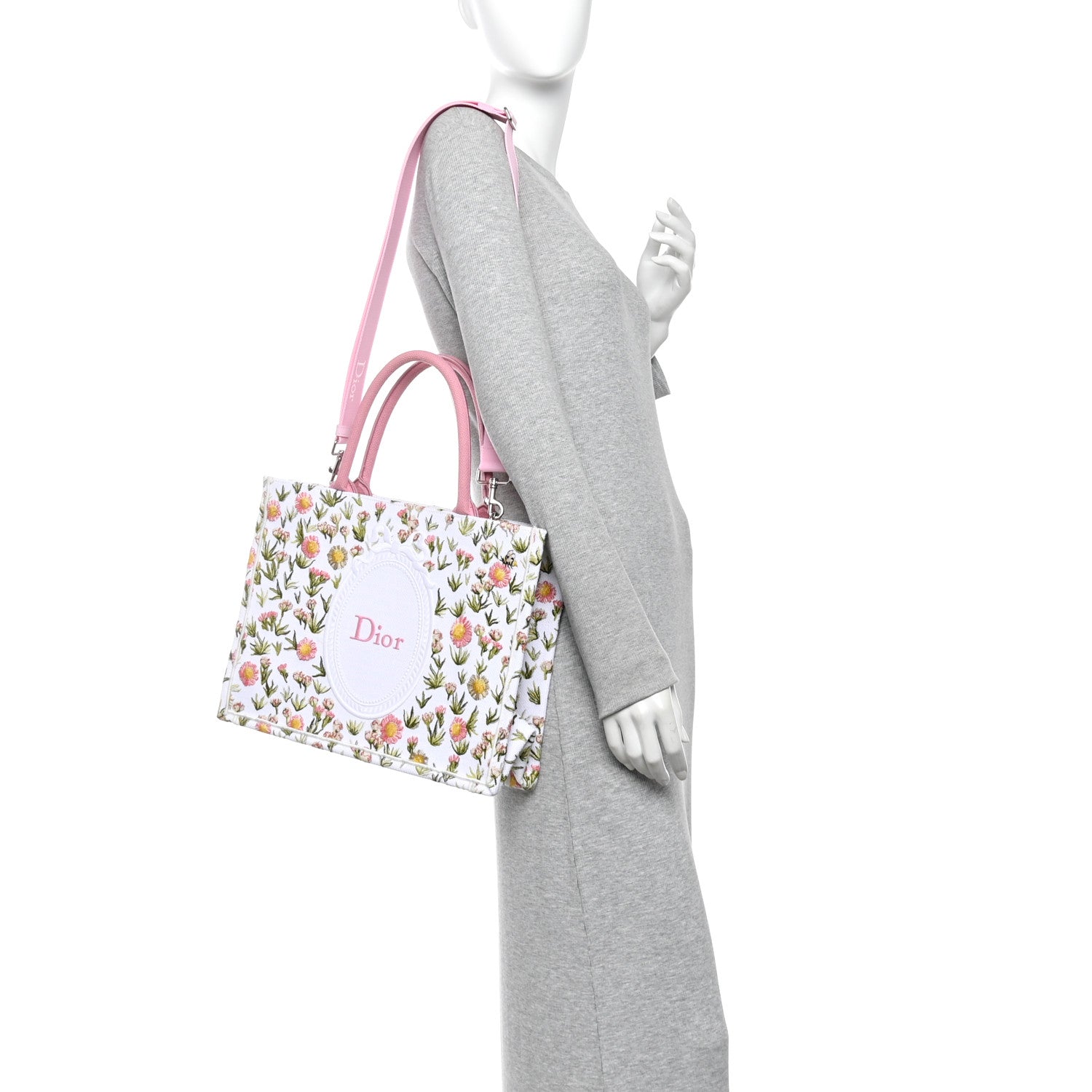 Cotton Toile De Jouy Daisy Garden Embroidered Dior Medaillon Small Book Tote With Strap Pink Multicolor — view 2