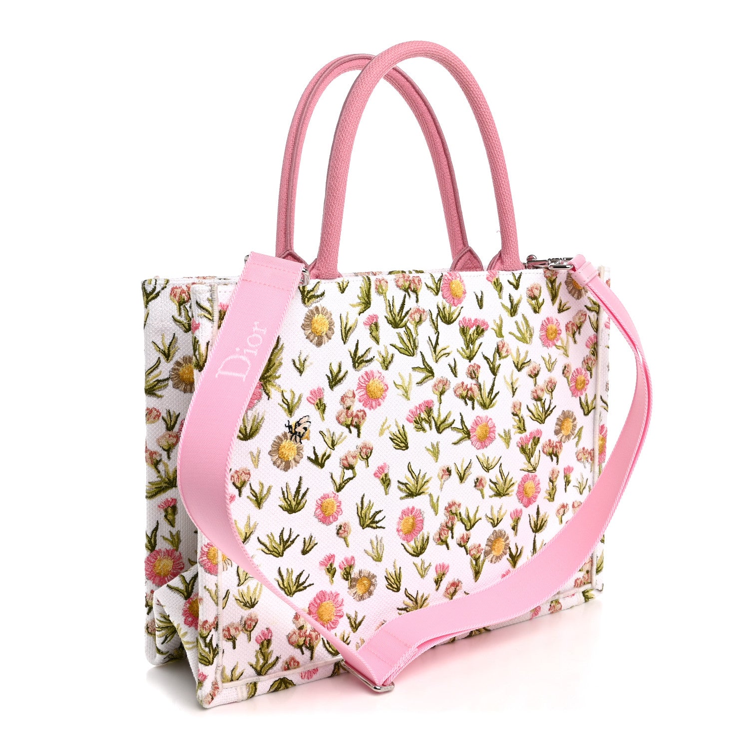 Cotton Toile De Jouy Daisy Garden Embroidered Dior Medaillon Small Book Tote With Strap Pink Multicolor — view 3