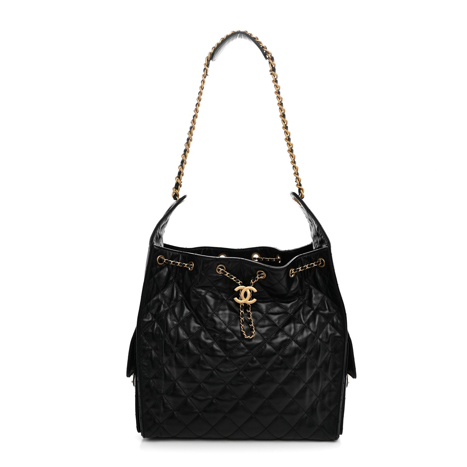Shiny Crumpled Calfskin Quilted Medium Chanel 25 Handbag Black