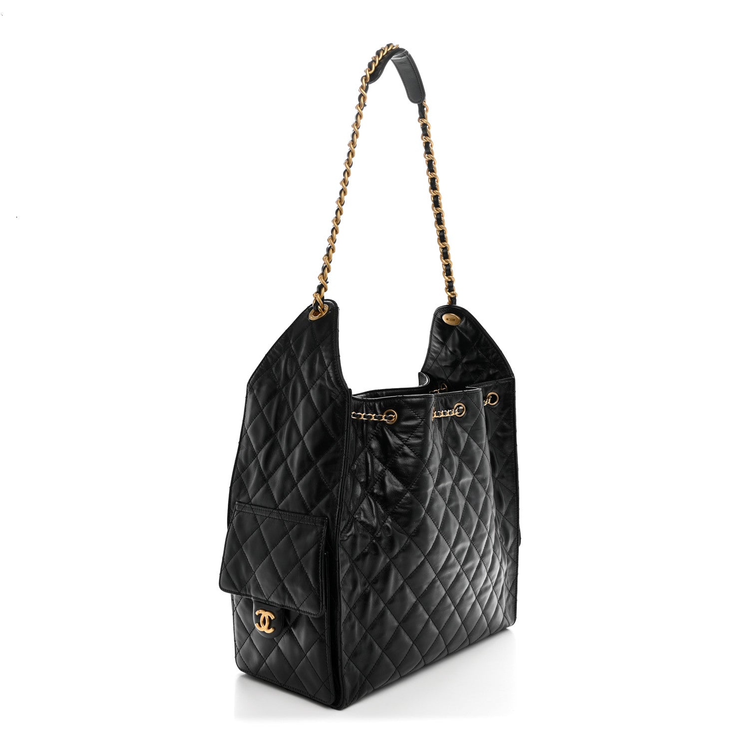 Shiny Crumpled Calfskin Quilted Medium Chanel 25 Handbag Black — view 3