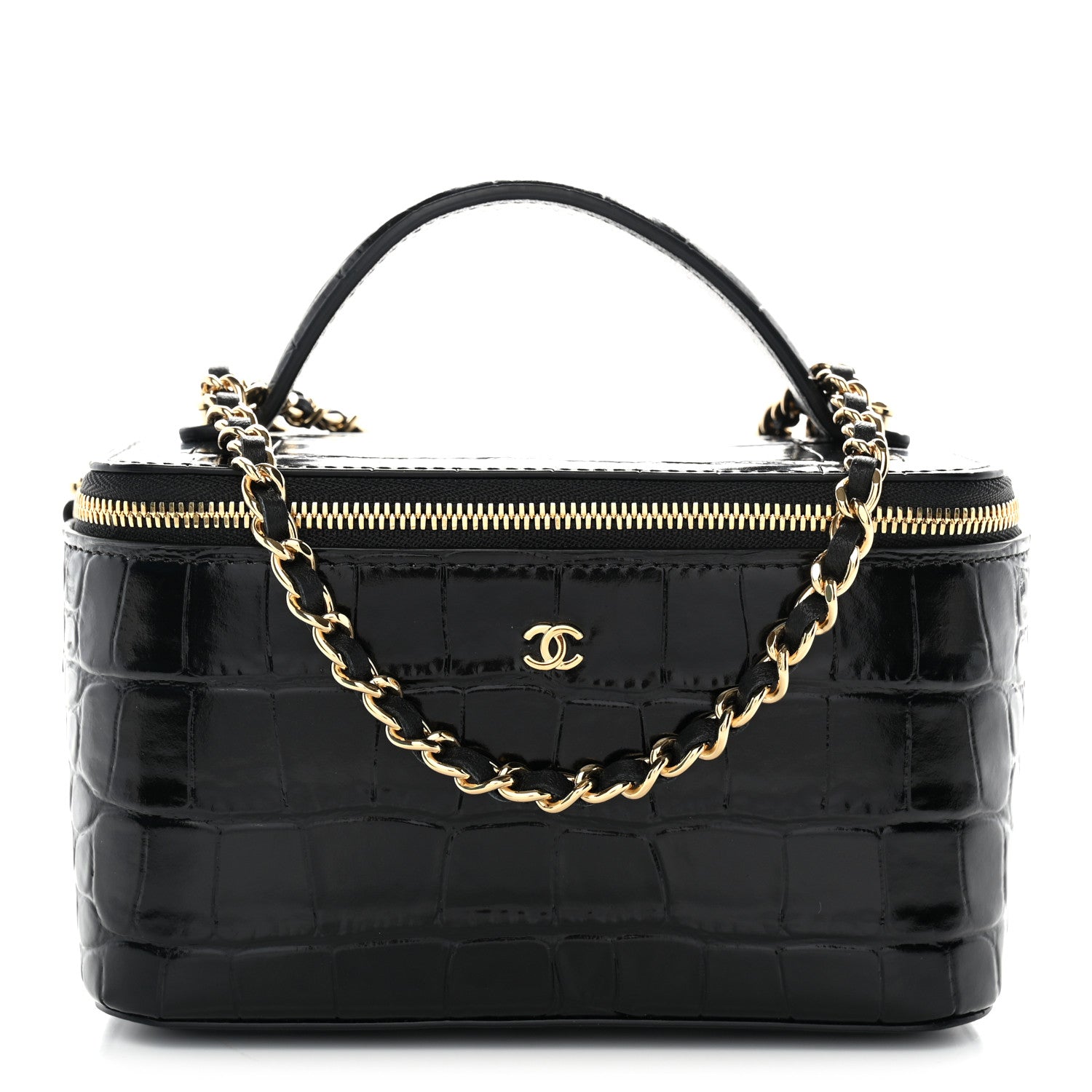 Calfskin Crocodile Embossed Crococo Small Top Handle Vanity Case With Chain Black — view 1