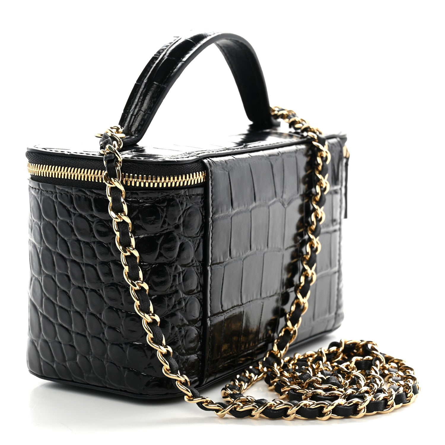 Calfskin Crocodile Embossed Crococo Small Top Handle Vanity Case With Chain Black — view 3