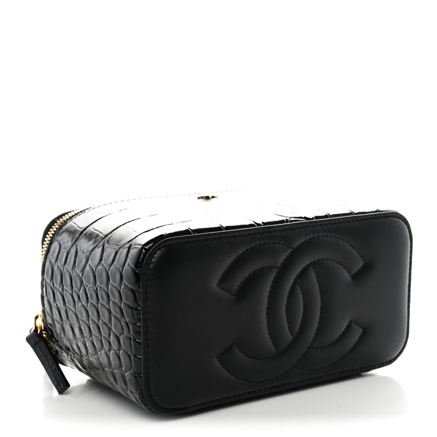 Calfskin Crocodile Embossed Crococo Small Top Handle Vanity Case With Chain Black — view 4