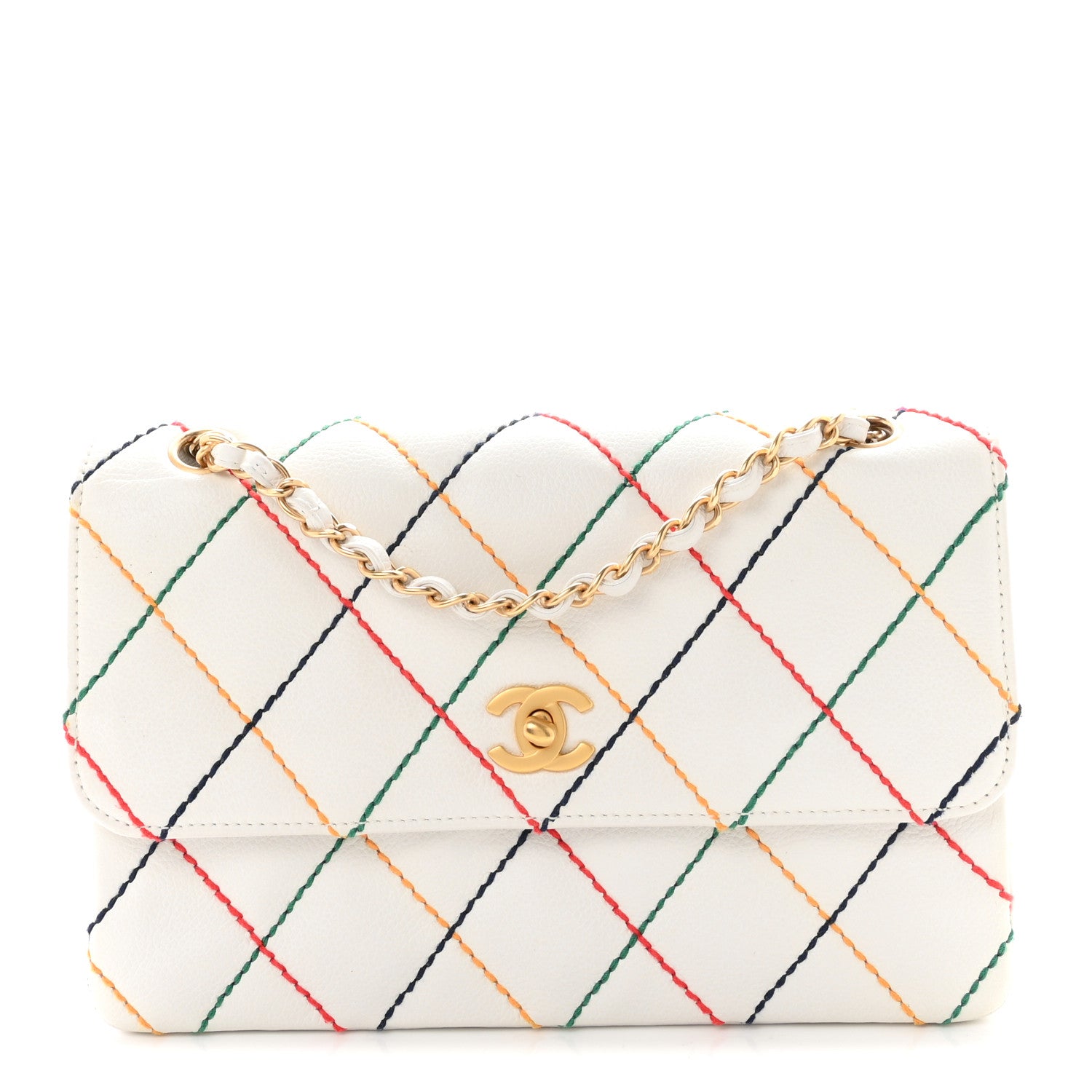 Calfskin Rainbow Stitched Medium Flap White Multicolor — view 1