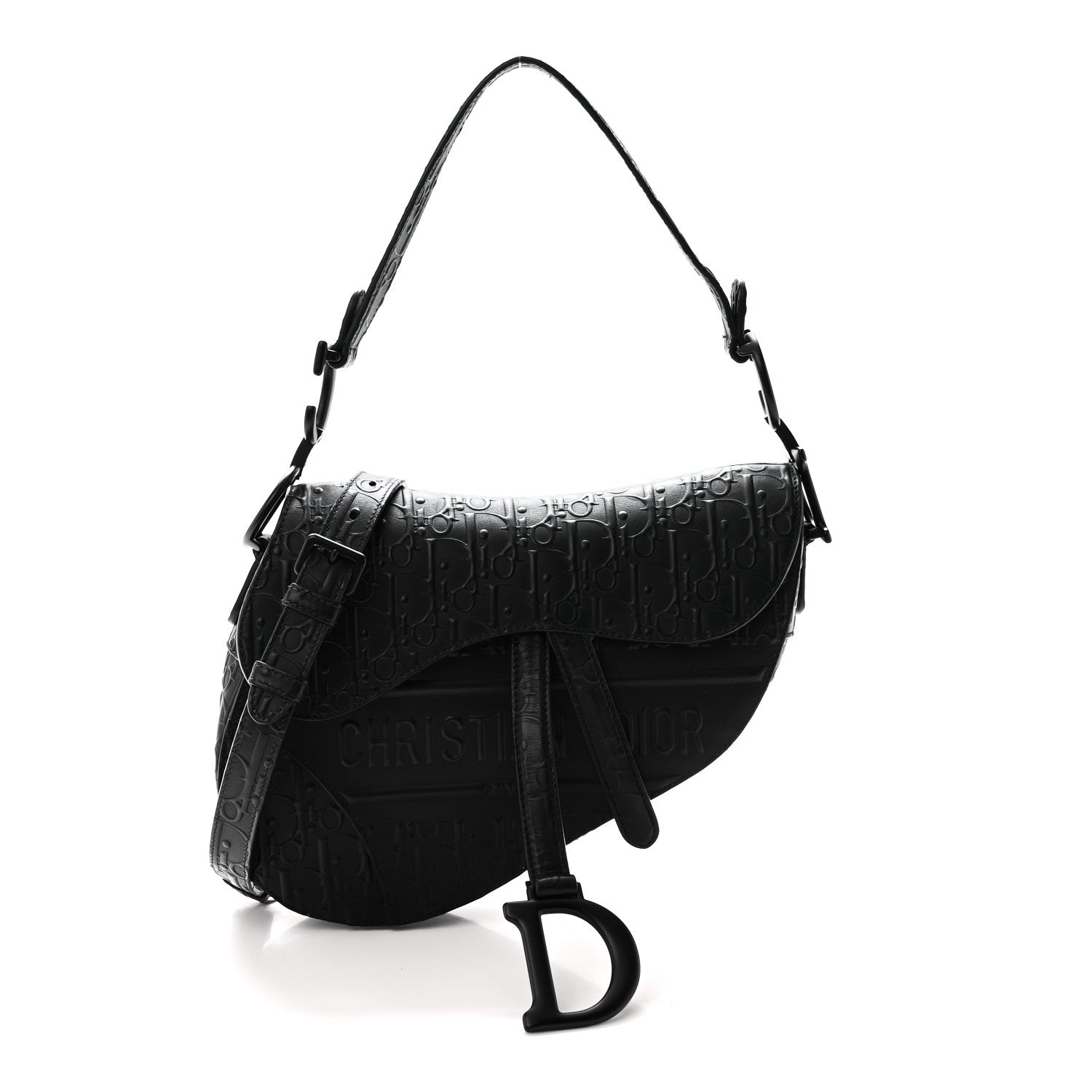 Calfskin Embossed Oblique Saddle Bag With Strap Black