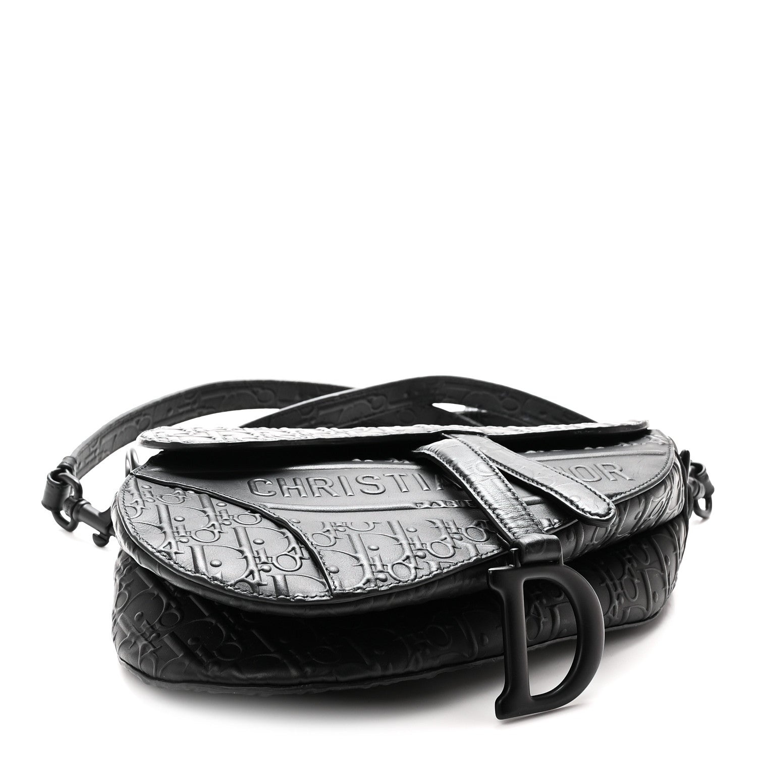 Calfskin Embossed Oblique Saddle Bag With Strap Black — view 4
