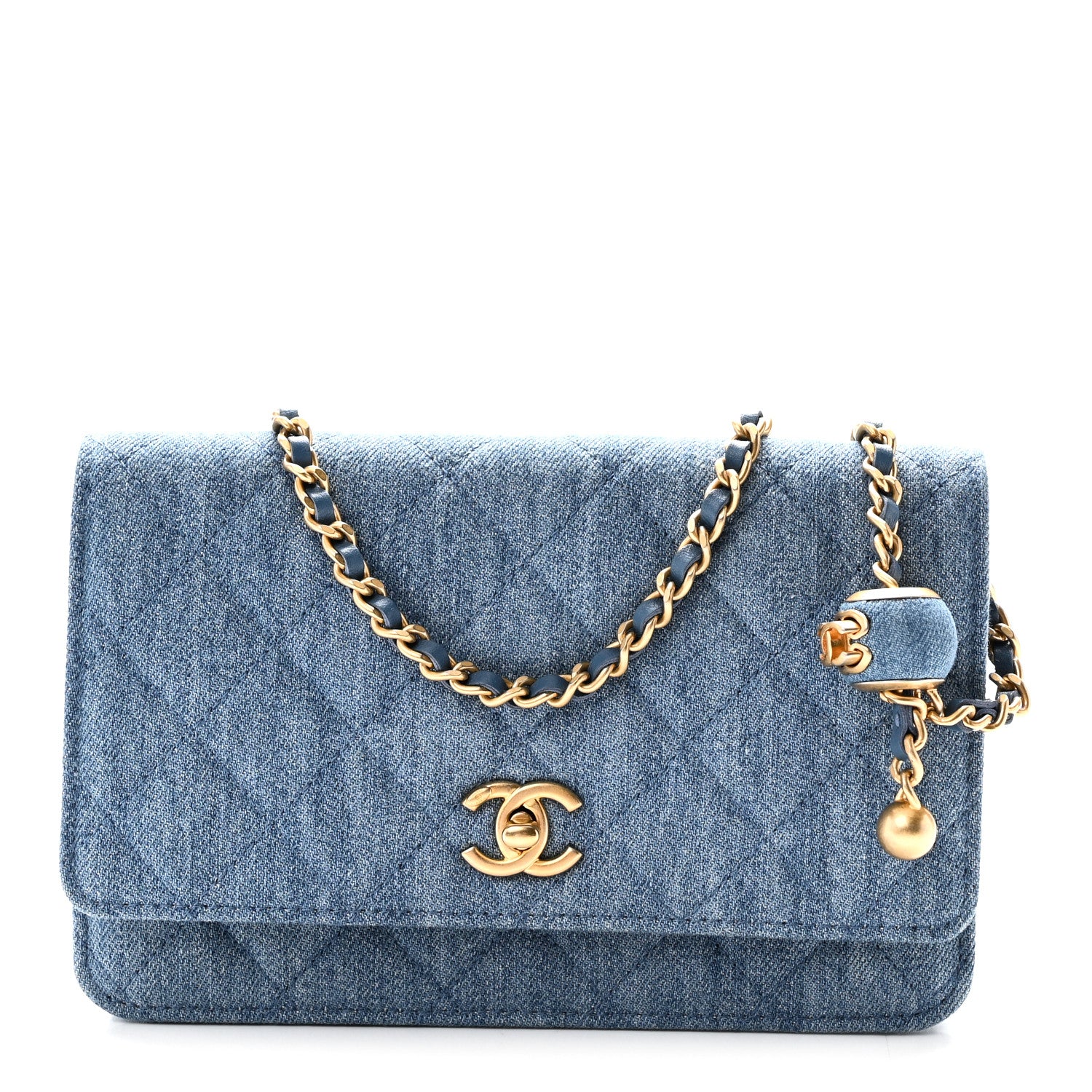 Denim Quilted CC Pearl Crush Wallet on Chain WOC Blue