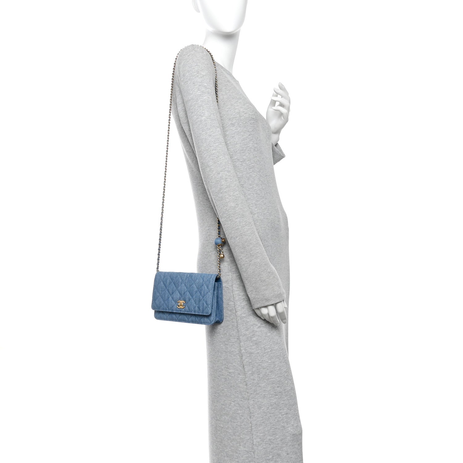 Denim Quilted CC Pearl Crush Wallet on Chain WOC Blue — view 2