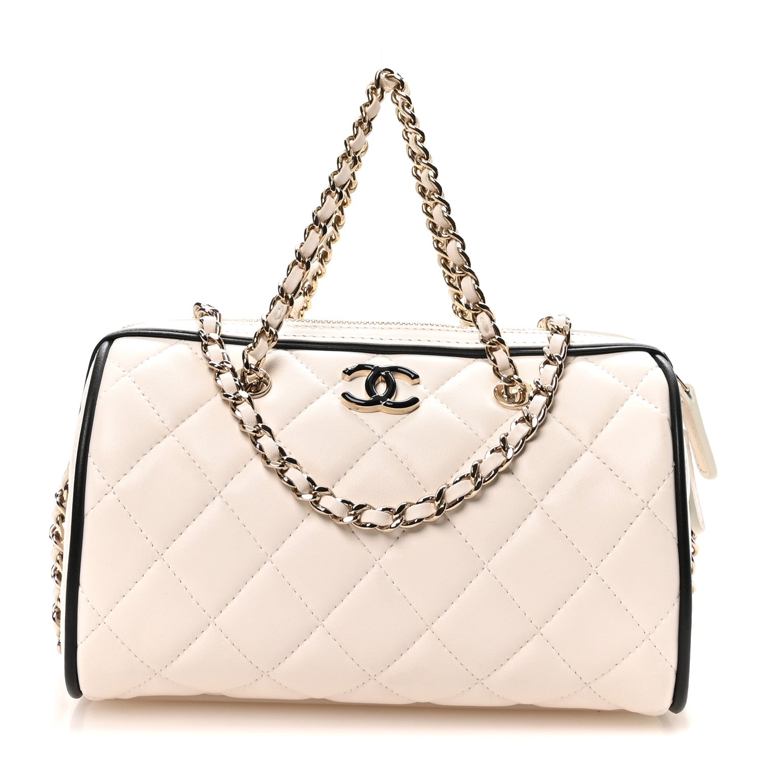 Lambskin Quilted Resin CC Mini Bowling Clutch With Chain White Black
