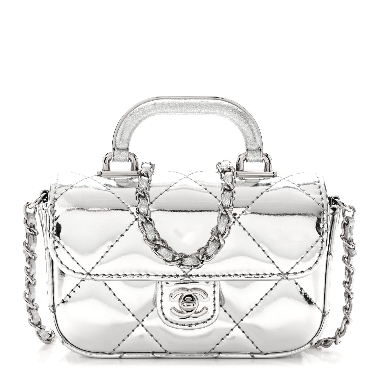 Mirror Calfskin Small Top Handle Clutch With Chain Silver