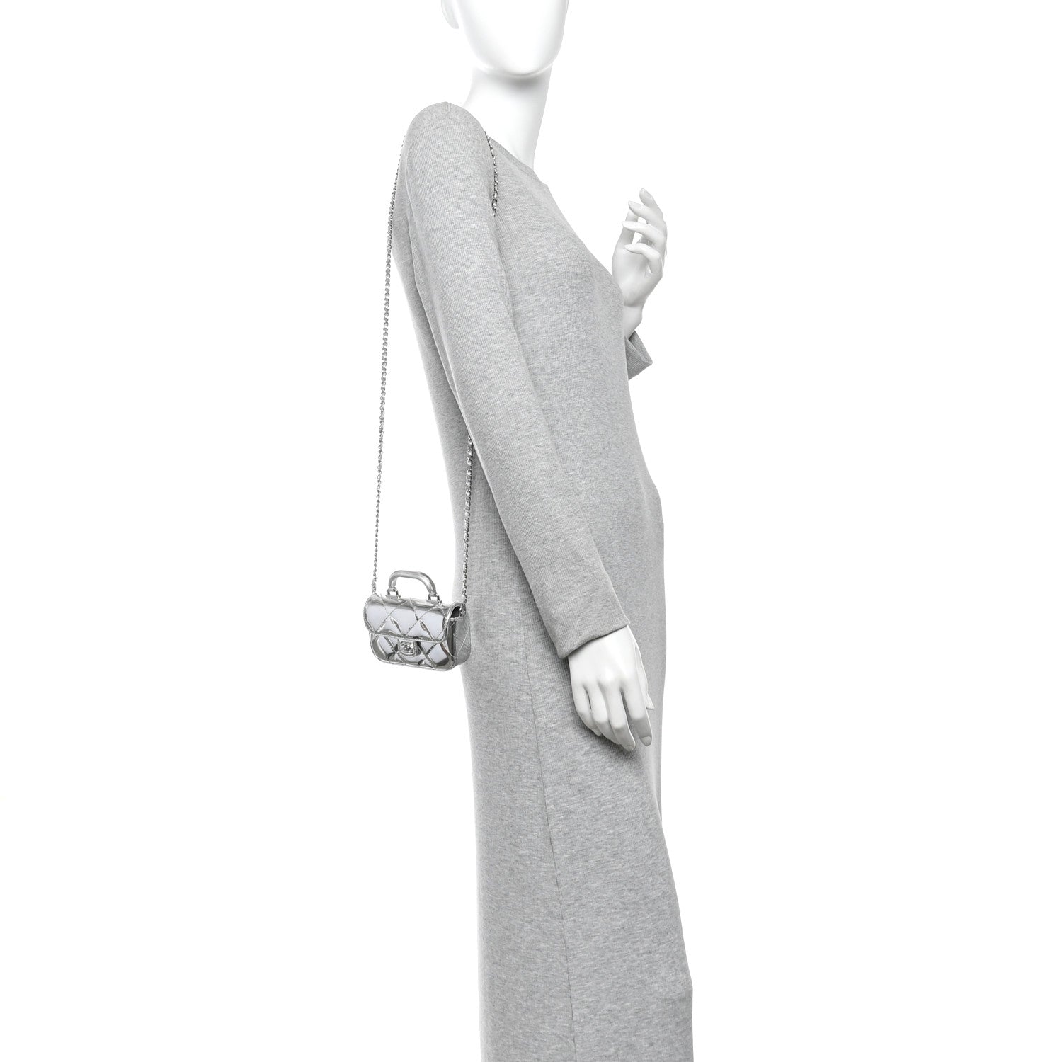 Mirror Calfskin Small Top Handle Clutch With Chain Silver — view 2