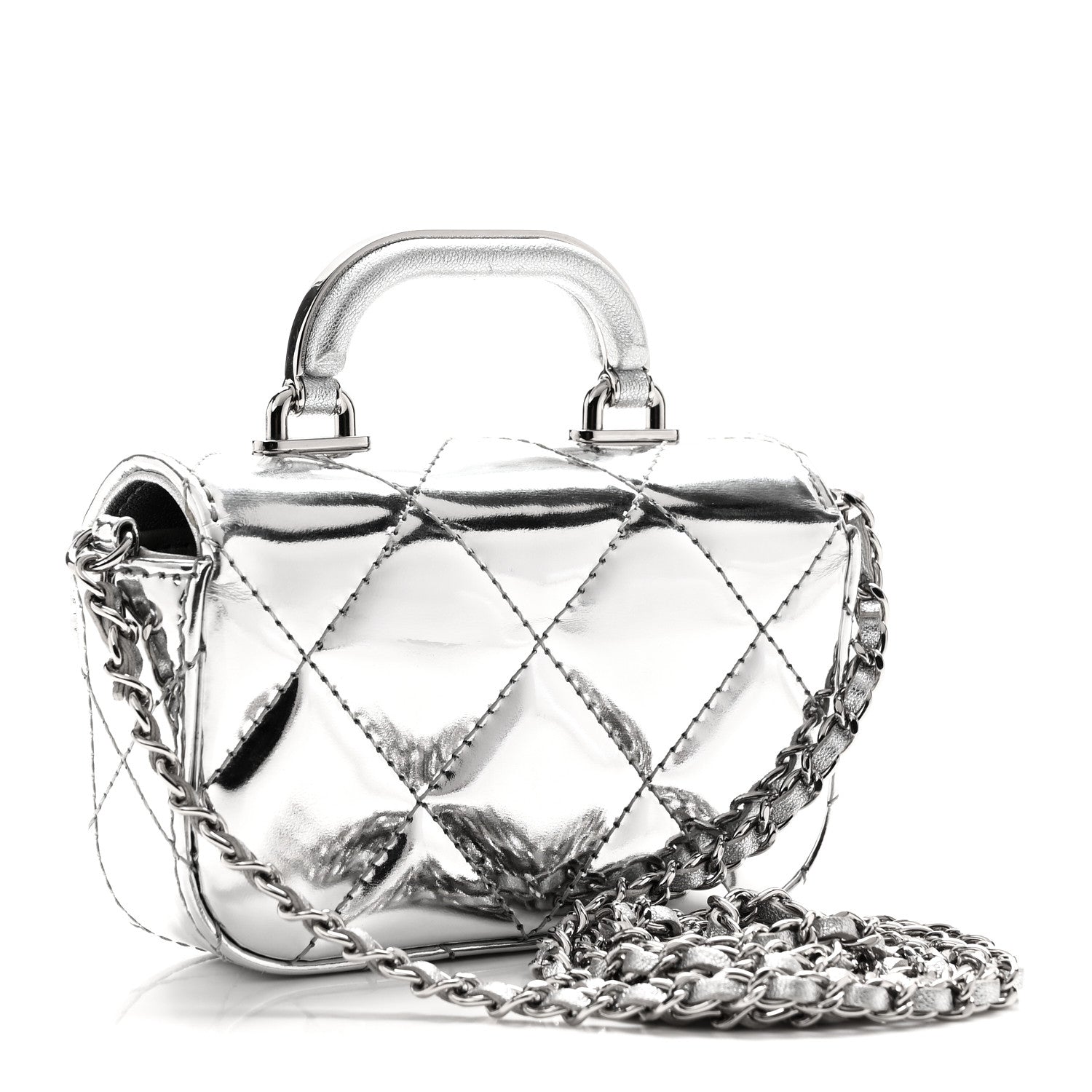 Mirror Calfskin Small Top Handle Clutch With Chain Silver — view 3
