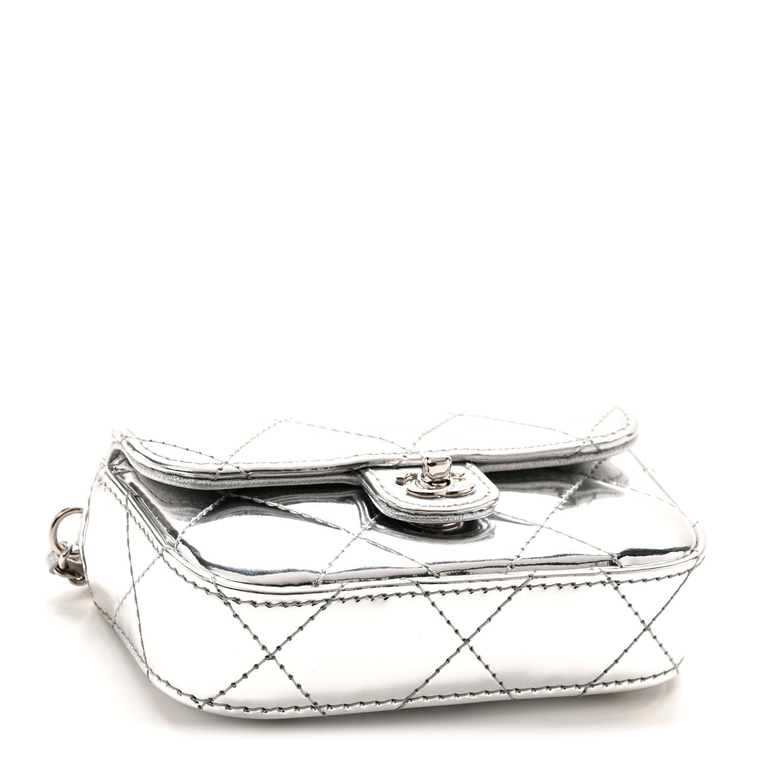 Mirror Calfskin Small Top Handle Clutch With Chain Silver — view 4