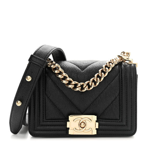 Caviar Chevron Quilted Mini Boy Flap Black
