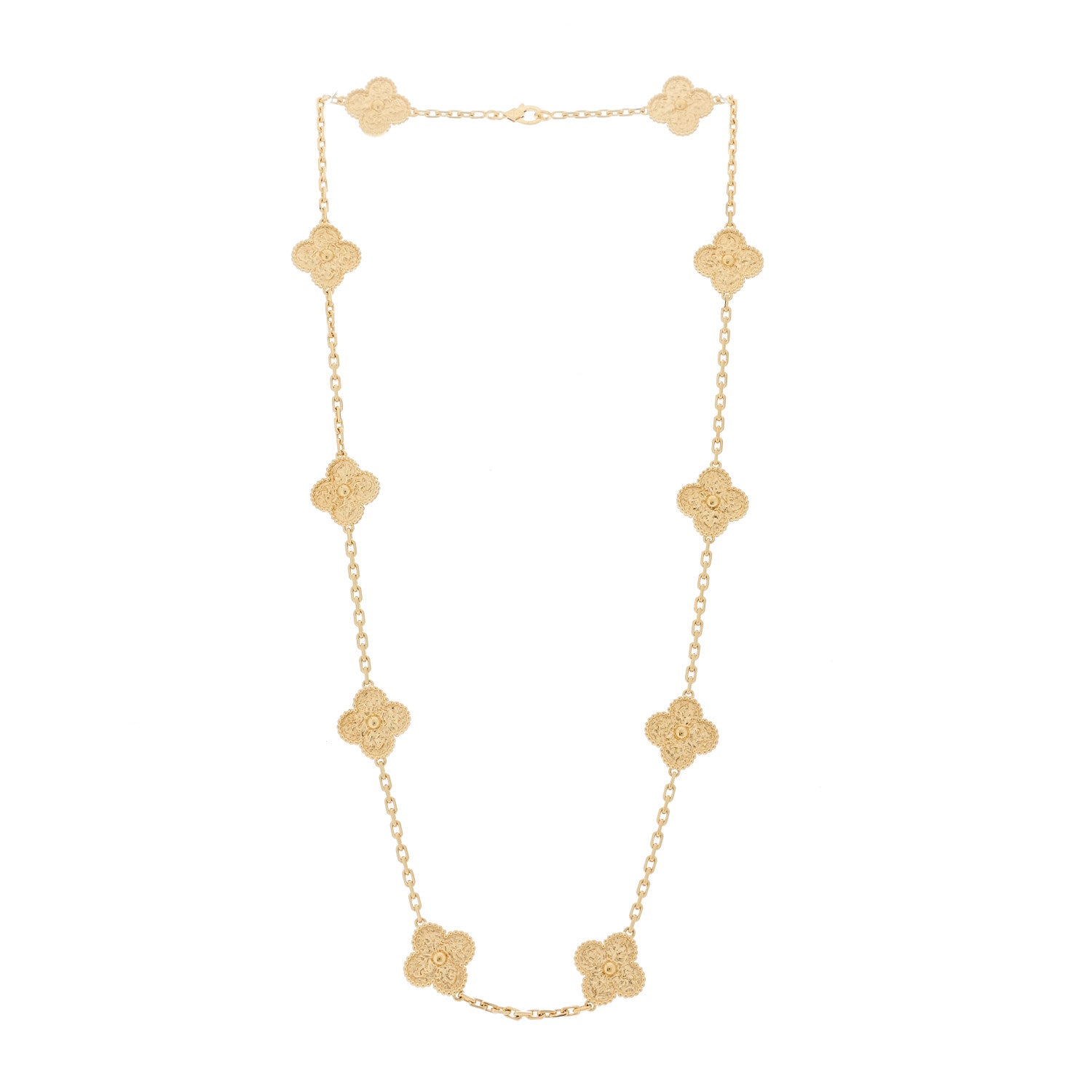 18K Yellow Gold 10 Motifs Guilloche Vintage Alhambra Necklace — view 3